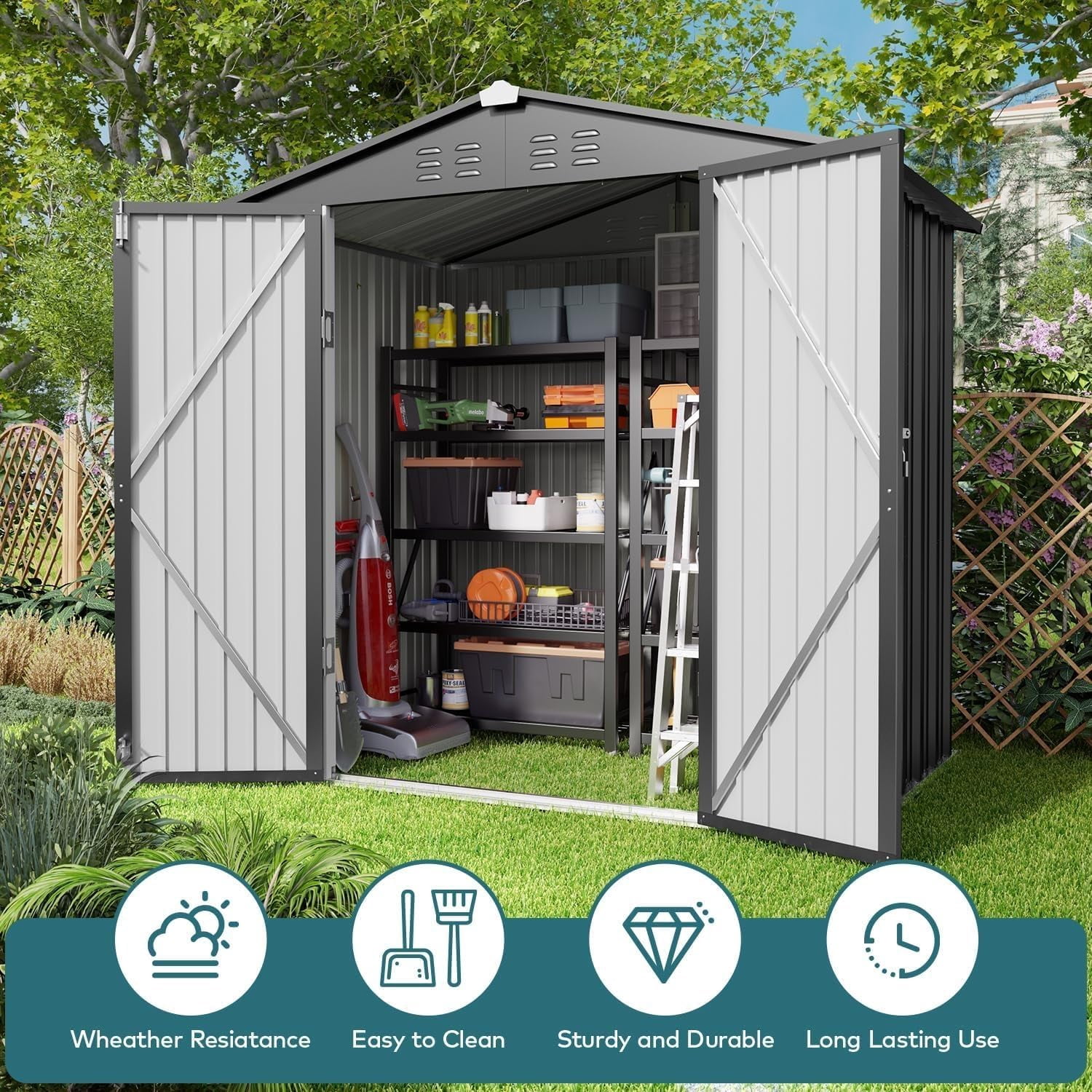 Lofka Galvanized Metal Outdoor Storage Shed with Double Lockable Doors and Air Vents (Dark Gray, 6 ft x 4 ft) v4zn6