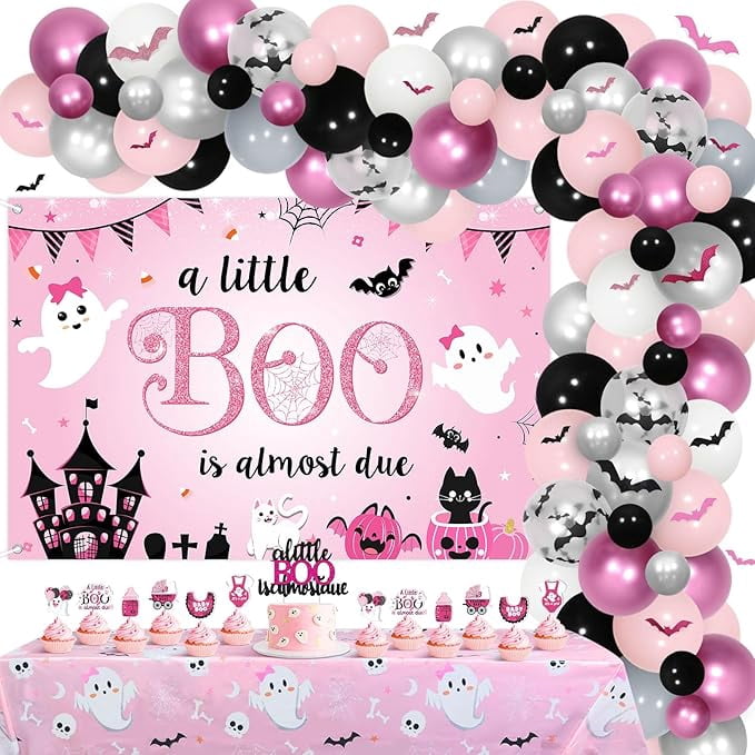 Generic Halloween Baby Shower Decoration Set, A Little Boo Is Almost Due Party Supplies with Balloons and Backdrop (Pink, 115 Piece Set) hzk1g