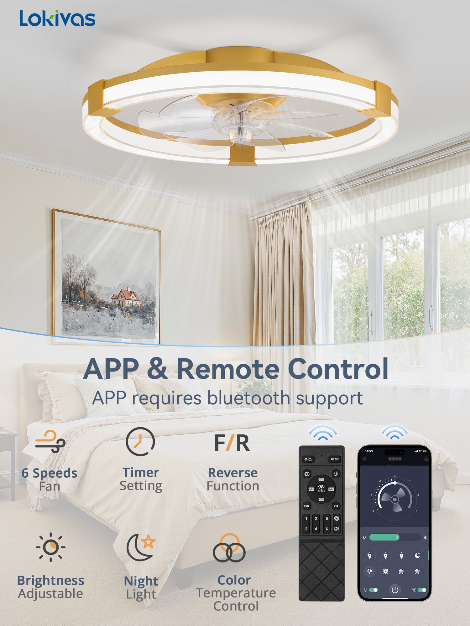 Lokivas 20in Low Profile Ceiling Fan with LED Lights and Remote Control (Gold, 20 in) 3c1p3