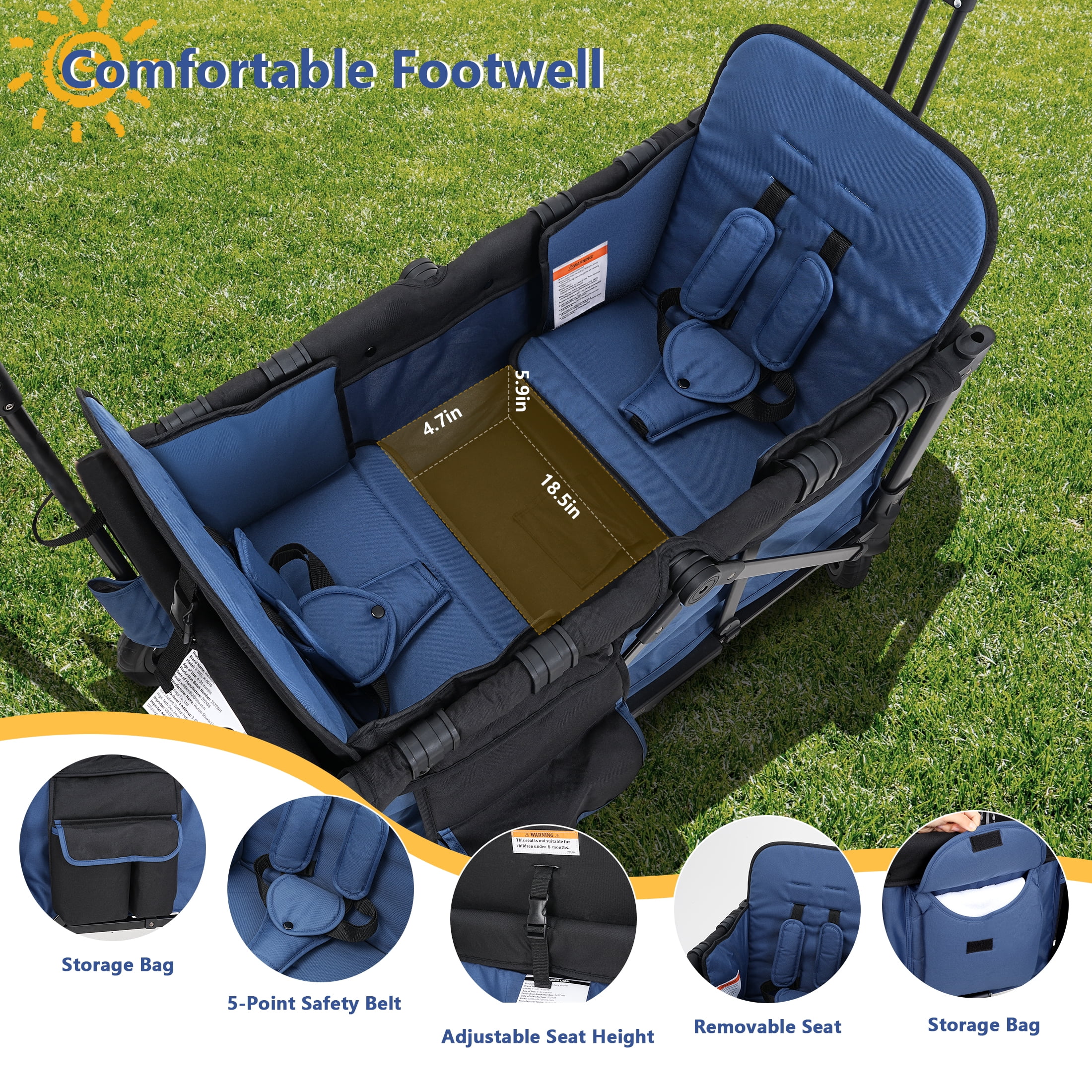 Minikid 2-Seater Wagon Stroller with Canopy and 5-Point Harness (Blue, 38 lb) jnqvp