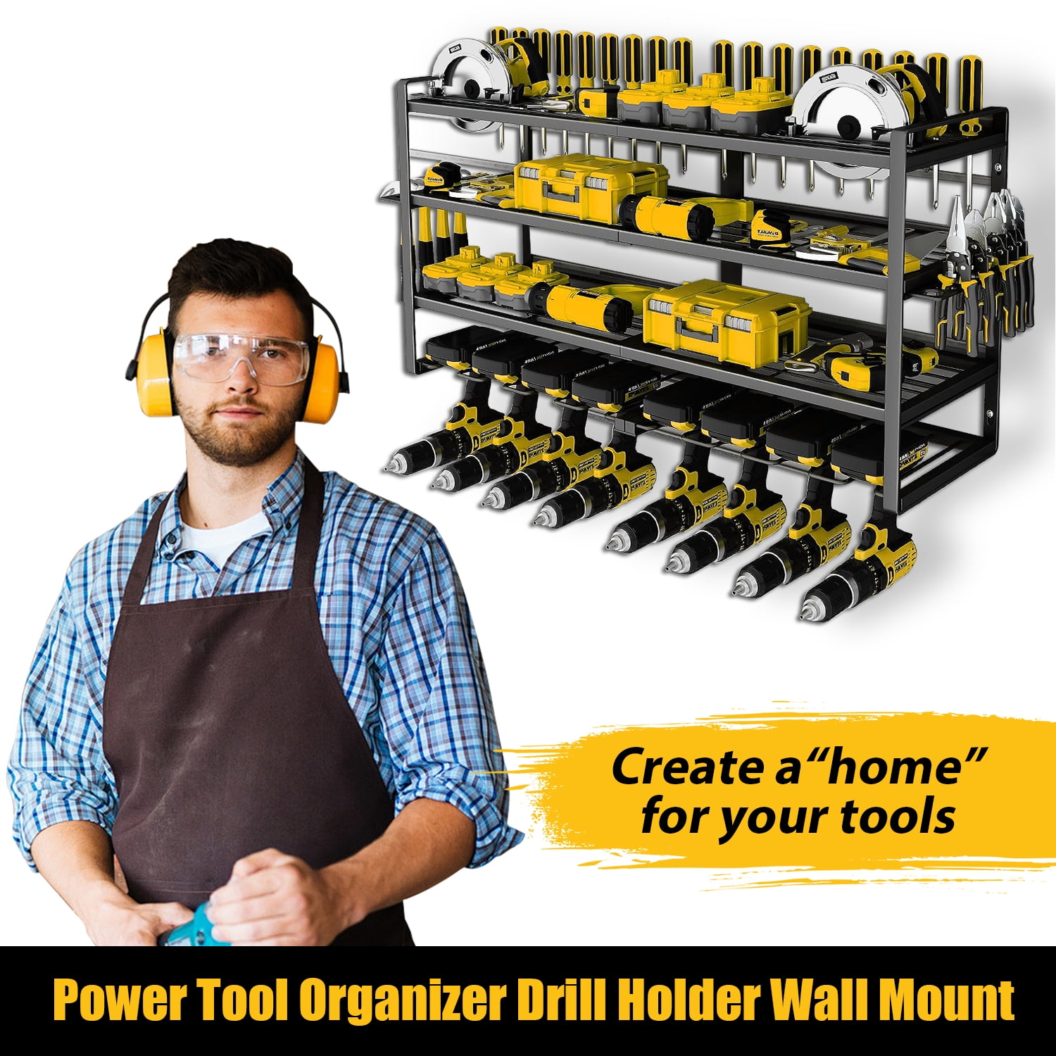 CATGOOD Power Tool Organizer, 4-Tier Wall Mount Storage Rack for 8 Drills, Heavy-Duty Metal Workshop Shelf (Black) jj1hx