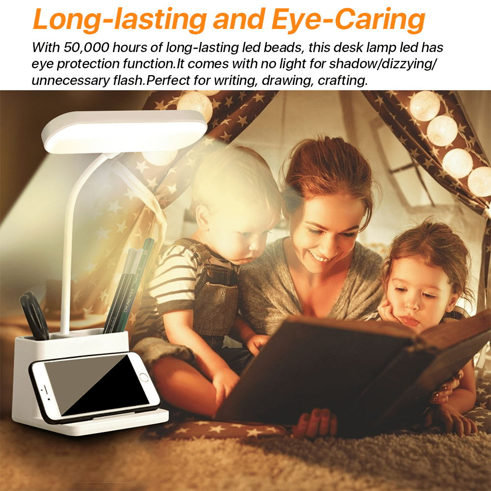SUPTREE LED Desk Lamp with Pen and Phone Holder, Dimmable Eye-Protection Table Light with USB Port (White, 1 Unit) aeu7p