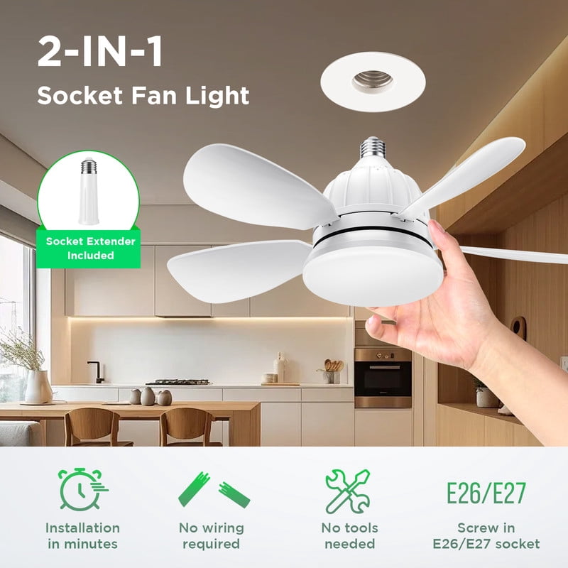 IJIL Ceiling Fan with Light, 18 in LED Socket Fan with Remote Control, Dimmable Indoor Lighting for Bedroom and Living Room (White, 18 in) ndv2l