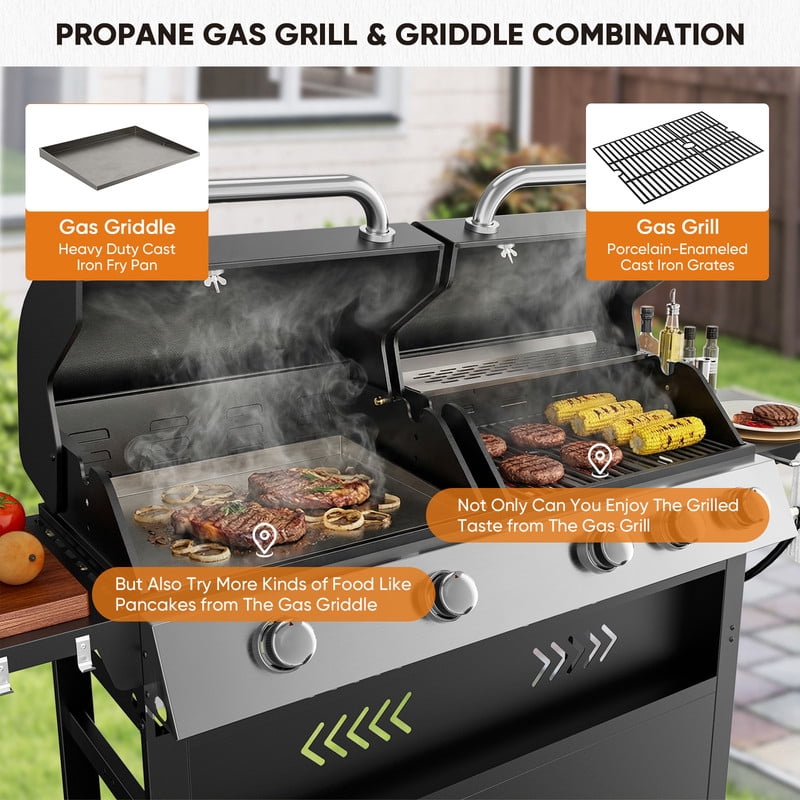 Patiobula 5-Burner Propane Gas Grill and Griddle Combo with Dual Stainless Steel Lids (Black, 64 in W) 1wq56