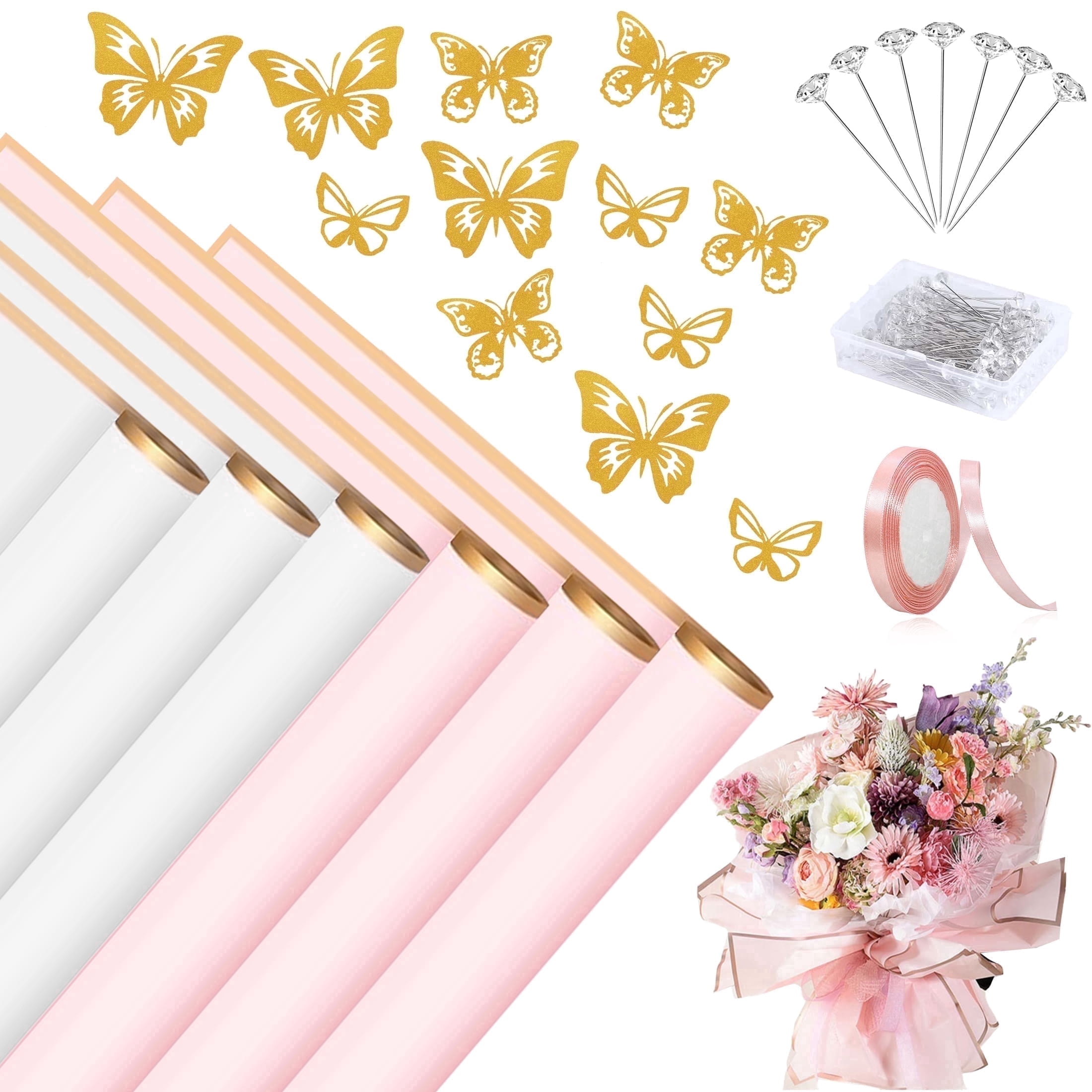 LANNEY Flower Bouquet Wrapping Paper Set, Waterproof Floral Wrap with Gold Butterfly Decor, Ribbon, and Pearl Pins (143 Pcs, 22.2 x 22.1 in) k4y5f