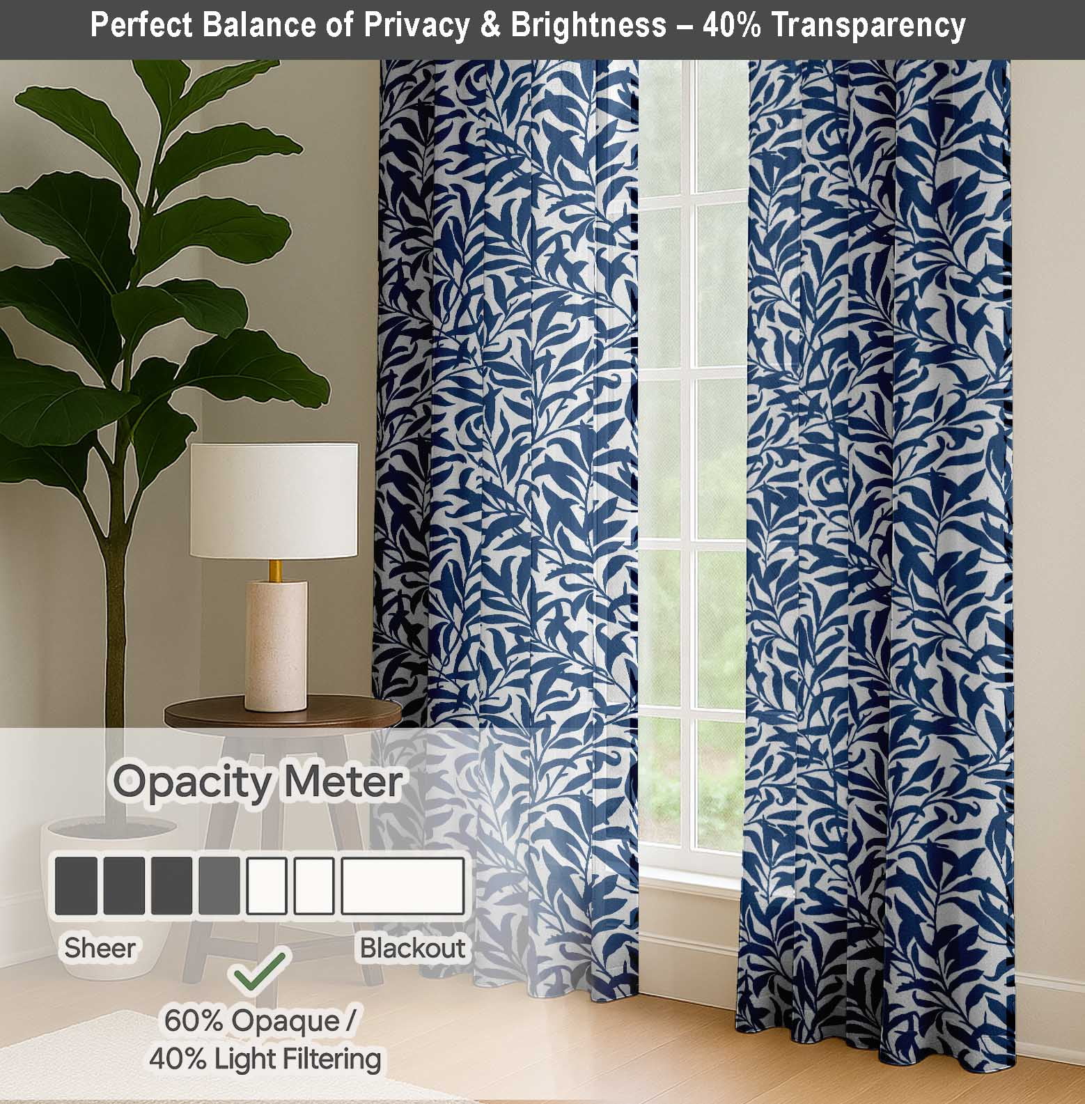 Vargottam Cotton Window Curtains, Light Filtering Drapes with Leaves Print (Blue, 52 in x 63 in, Set of 2) qvpy2