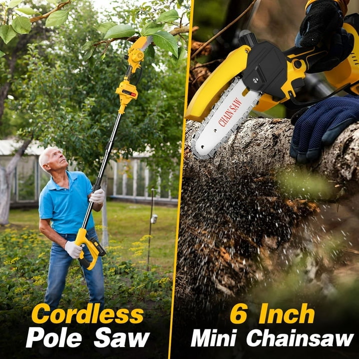 Yannovus 8-Inch Electric Pole Saw with 2 Batteries, 2-in-1 Cordless Chainsaw with 5.4 ft Extension Pole (Yellow, 8 in) vbusx