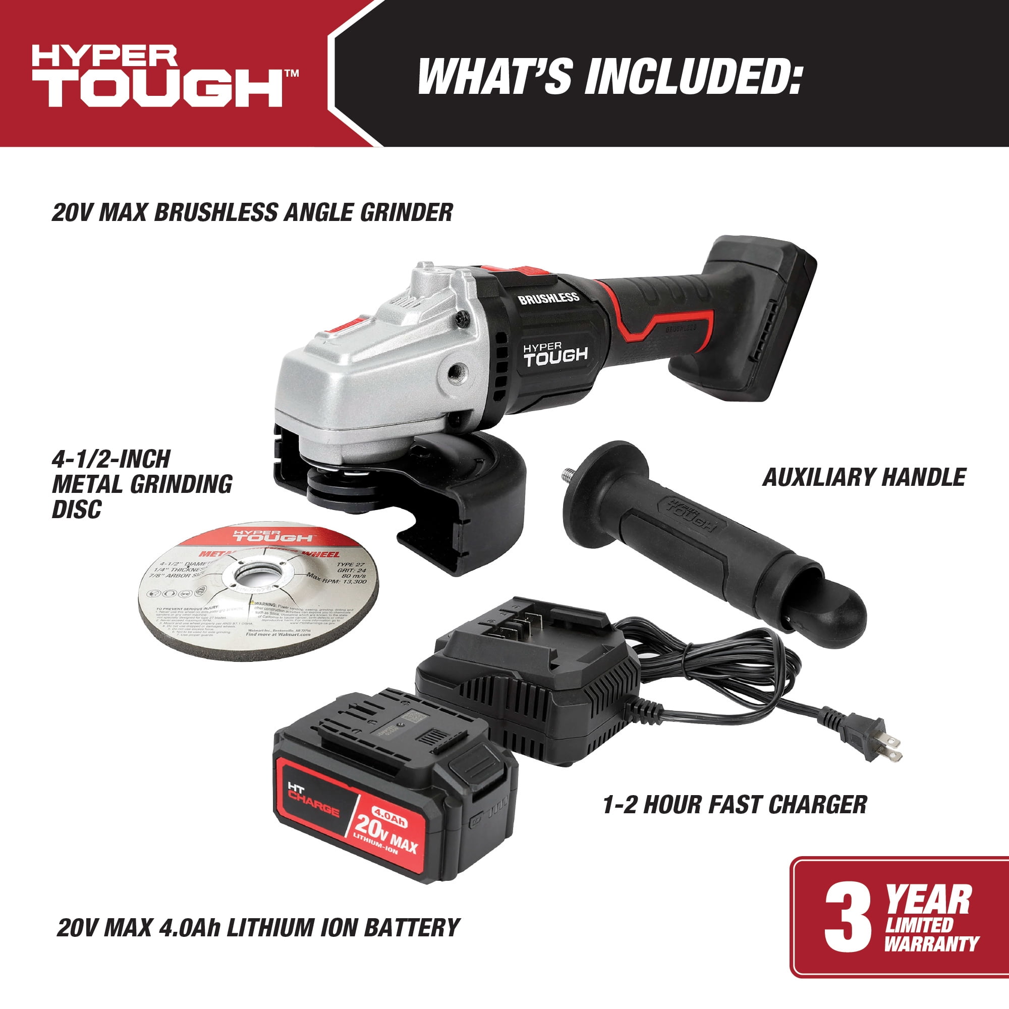 Hyper Tough 20V Max Brushless Cordless Angle Grinder with 4.0Ah Battery and Charger (4.5 in) izxdx