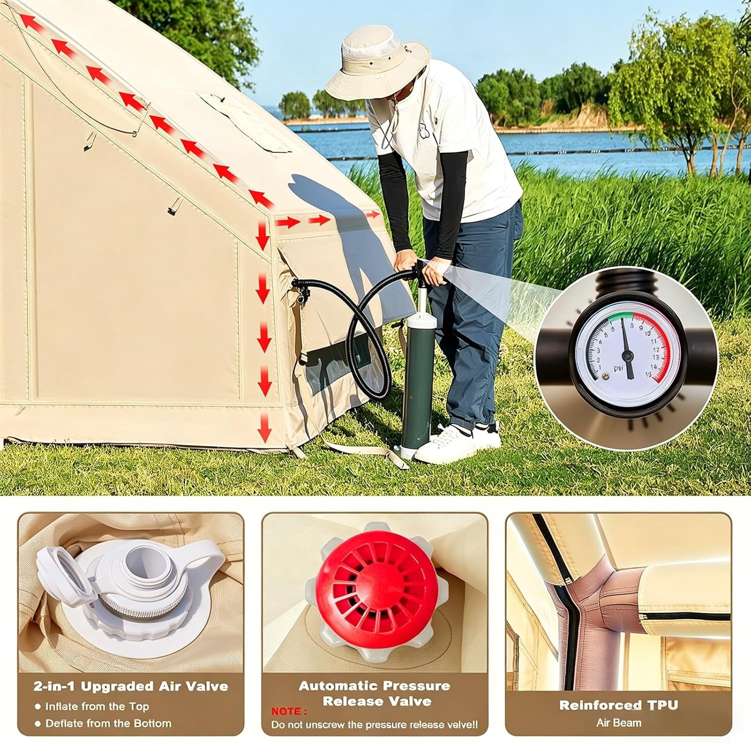 Lilypelle Inflatable Camping Tent with Stove Jack, Waterproof 4-6 Person Glamping House (Beige, 9.8 ft x 6.9 ft x 6.4 ft) i913e