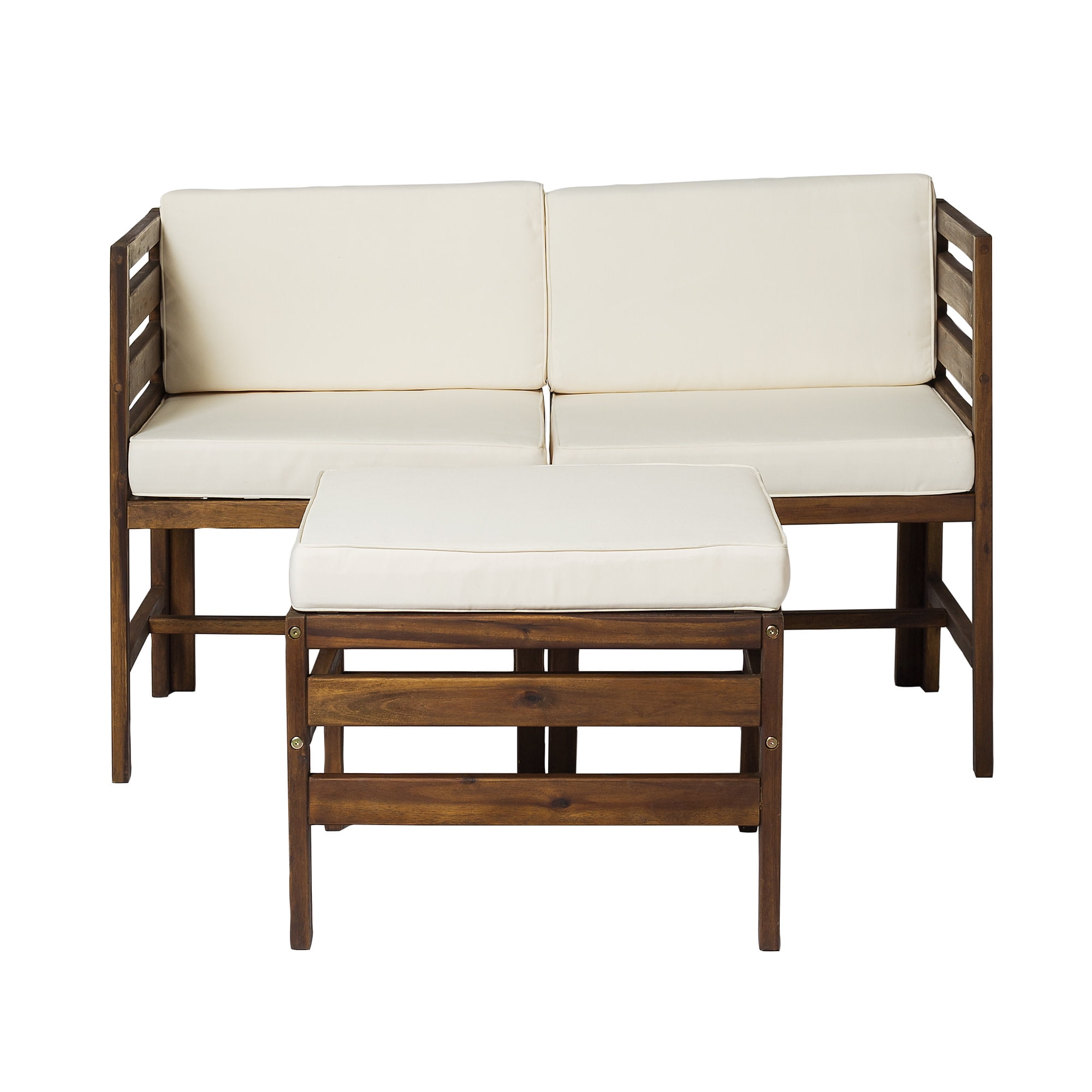 Walker Edison Modular Outdoor Acacia Wood Patio Chair and Ottoman Set (Dark Brown, 3 Piece) lckzh