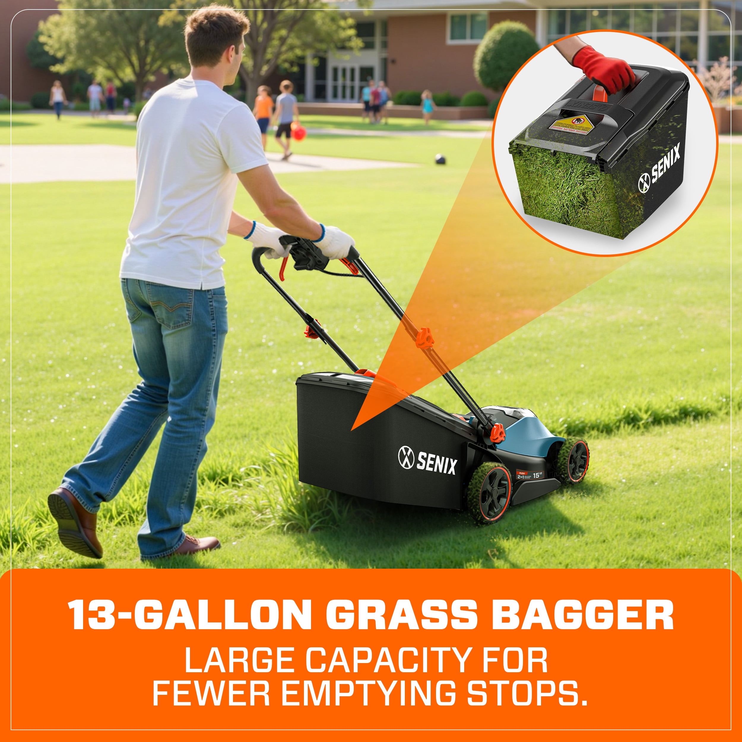 Senix 40V Brushless Cordless Push Lawn Mower with (2x) 4.0Ah Batteries, 16 in Deck, 2-in-1 Mulching and Bagging (16 in) 3u8ab