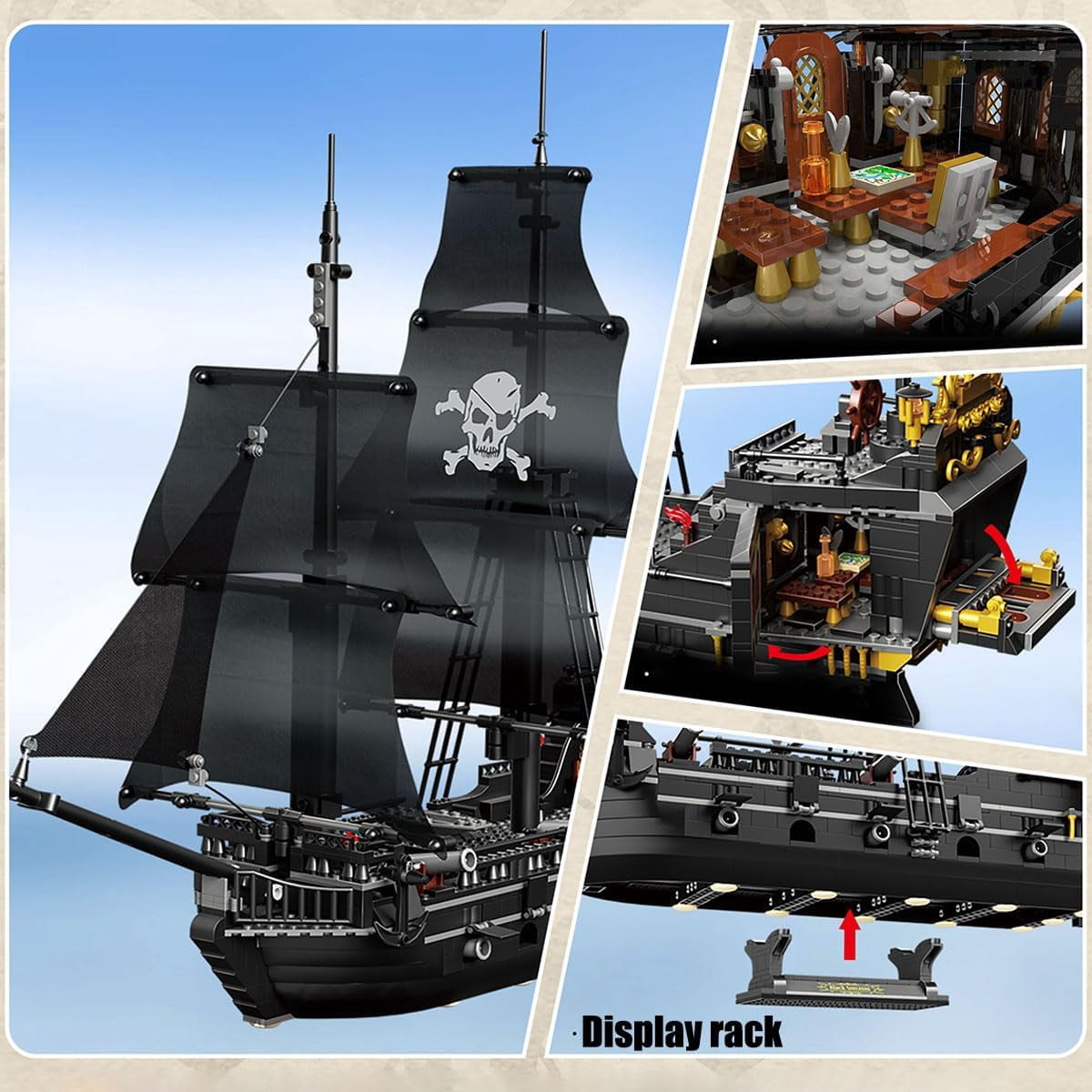 StarMart Black Pearl Pirate Ship Building Blocks Set, Detailed Model Construction Kit for Kids and Adults (Black, 1424 Pieces) e4v2j