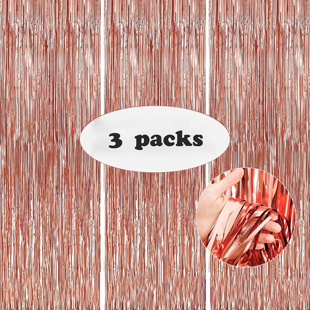 Mawzewo Foil Fringe Curtains Tinsel Backdrop for Party Decorations (Rose Gold, 3.3 ft x 8.3 ft, 3 Pack) wieia