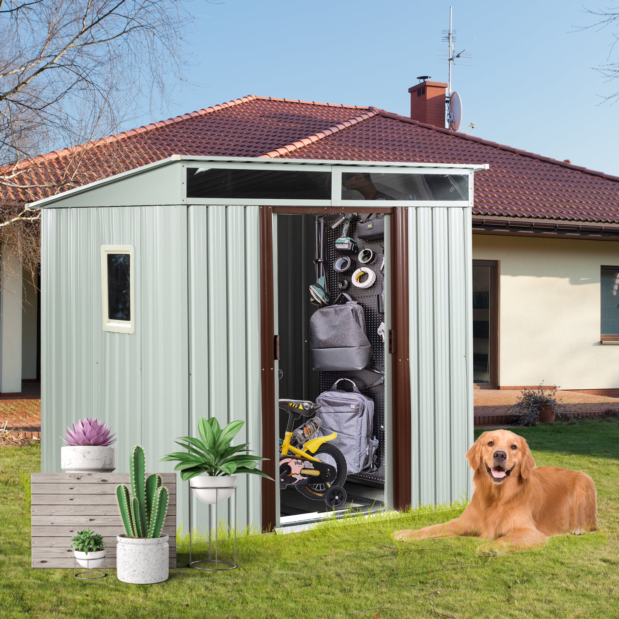 GUTALOR Outdoor Metal Storage Shed, Weather-Resistant Garden Tool House with Window and Sliding Door (White, 6 ft x 5 ft) 6xa73