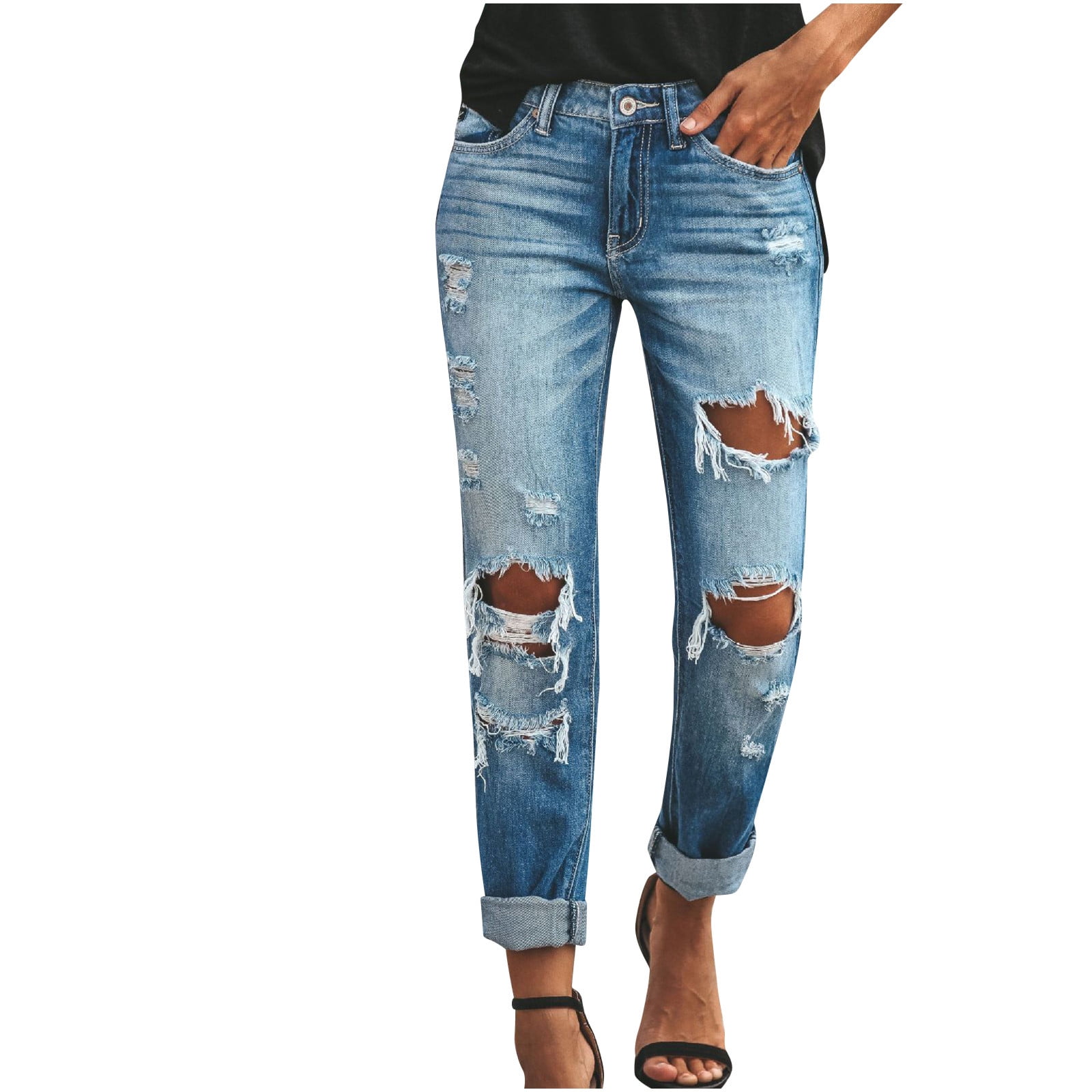 TaTaai Womens High Waist Straight Leg Distressed Jeans (Blue, Medium) axz75