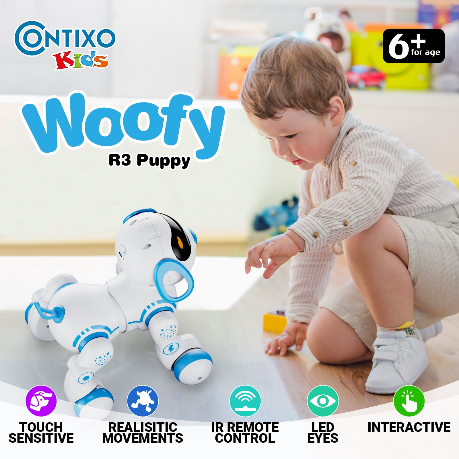 Contixo R3 Interactive Smart Robot Dog Toy, Programmable Puppy with LED Lights and Sounds (Blue) x1mr0