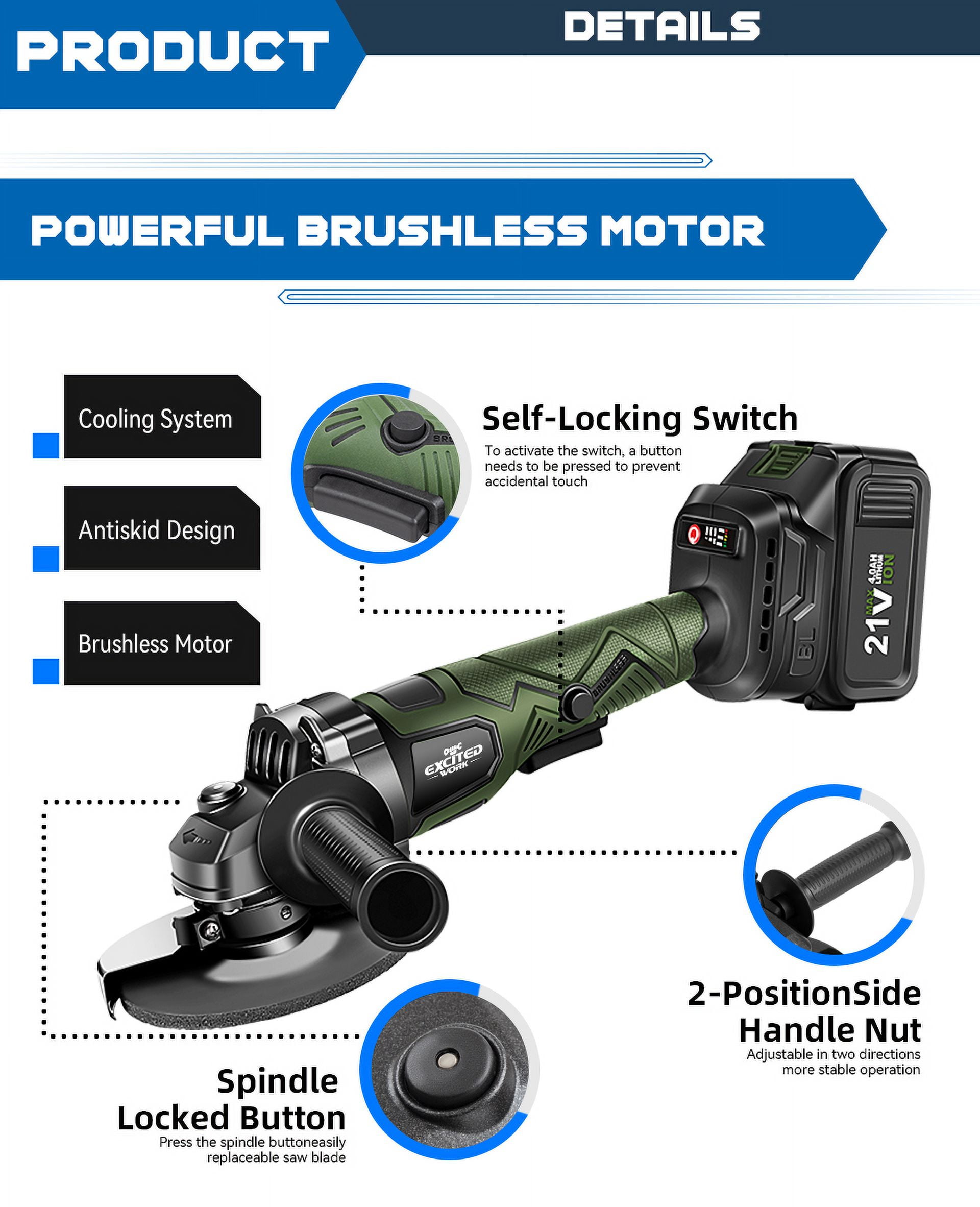 EXCITED WORK 21V Cordless Angle Grinder, Brushless Electric Metal Cutting Tool with 2 Batteries and Fast Charger (Green, 4.5 in) ikliu