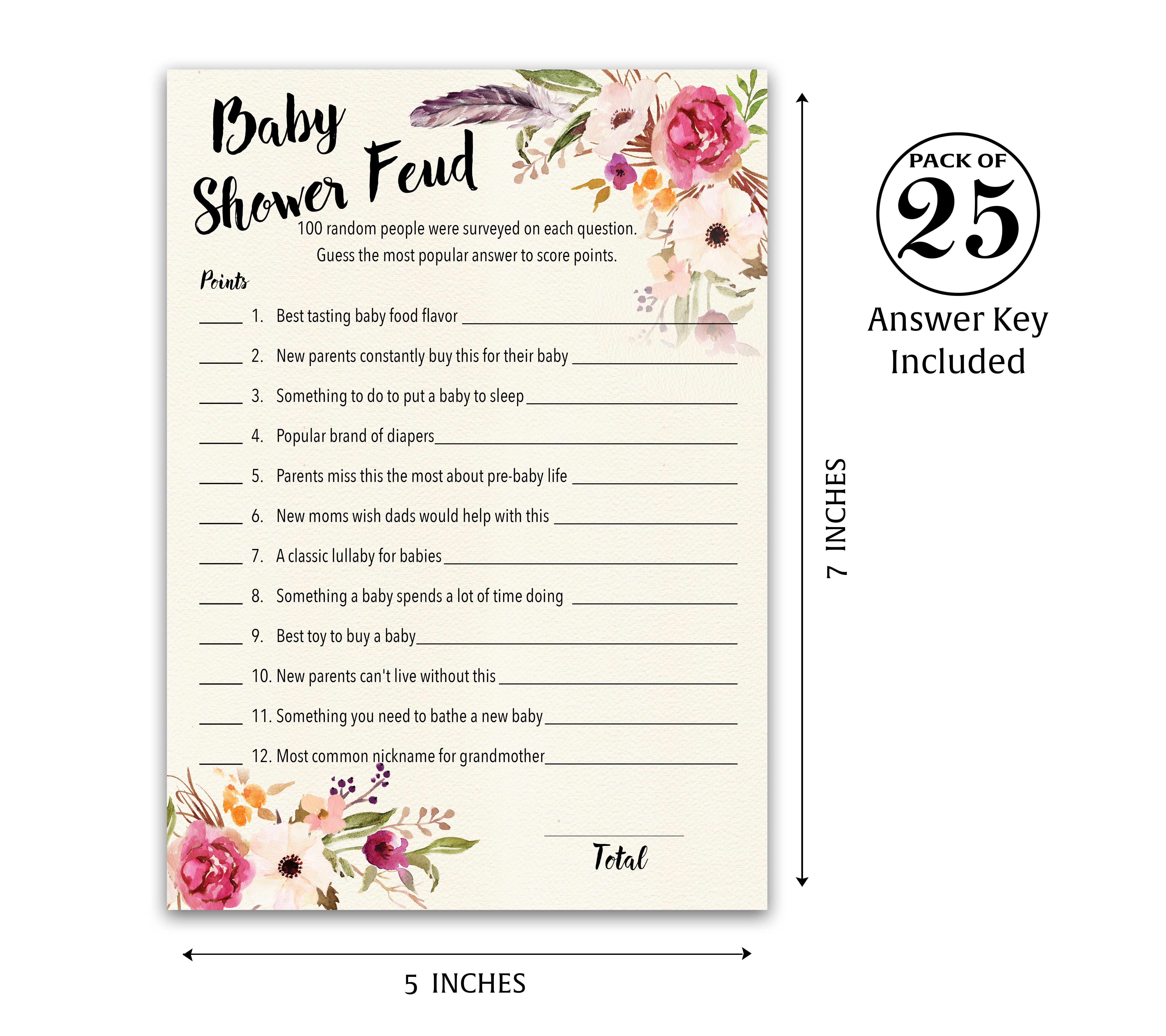 Roseum Collections Boho Baby Shower Feud Game Cards (Pink Floral, 25 Pack, 5 in x 7 in) 5h6tv