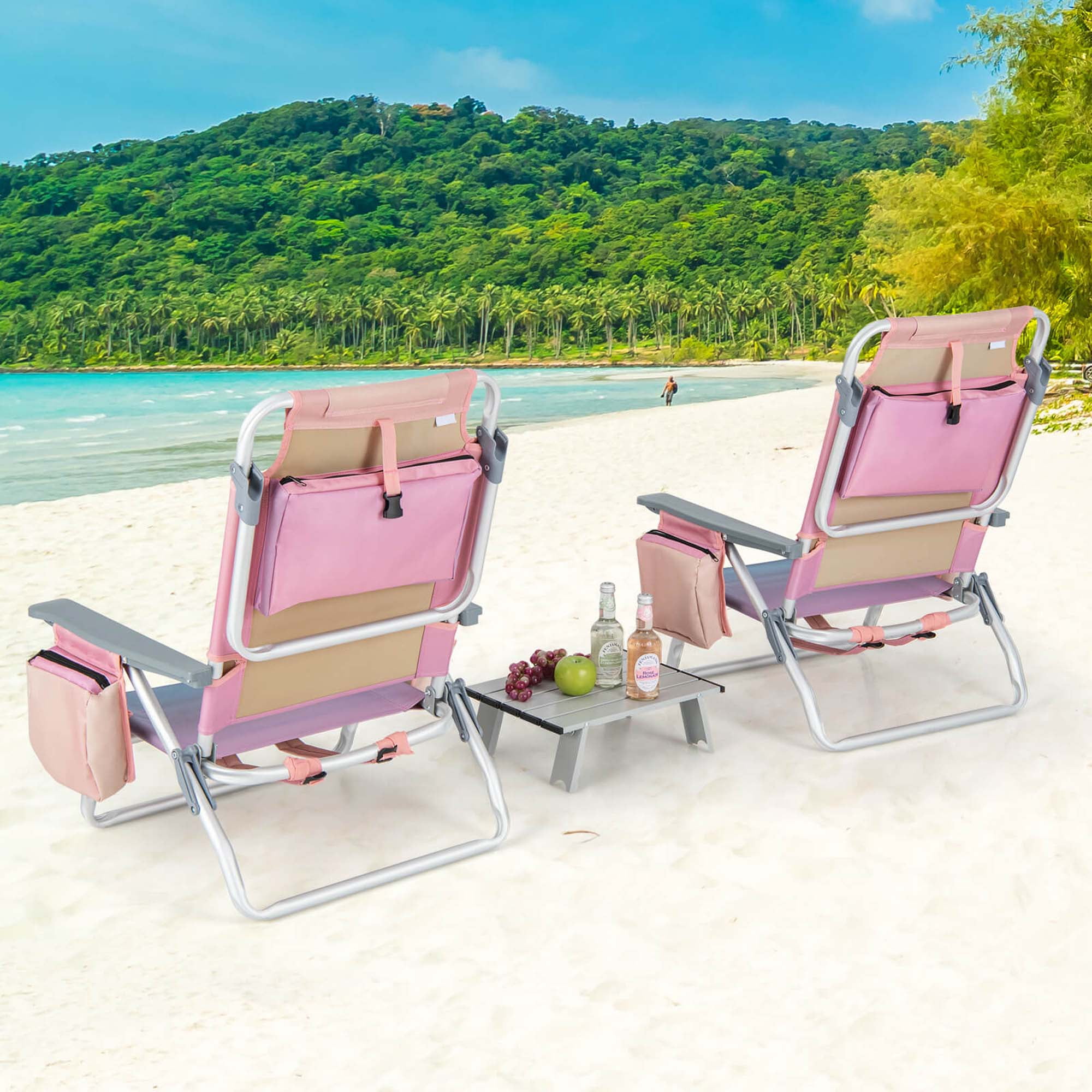 Costway 2-Pack Folding Backpack Beach Chair and Table Set with 5-Position Reclining (Pink) yajnw