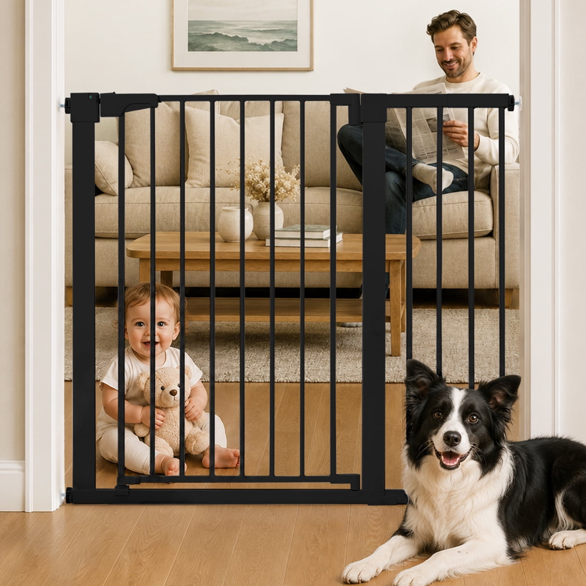 Caveen Baby Safety Gate for Stairs and Doorways, Extra Tall Pressure-Mounted Pet Barrier (Black, 36 in Tall, 29.5-43.3 in Wide) upmn5