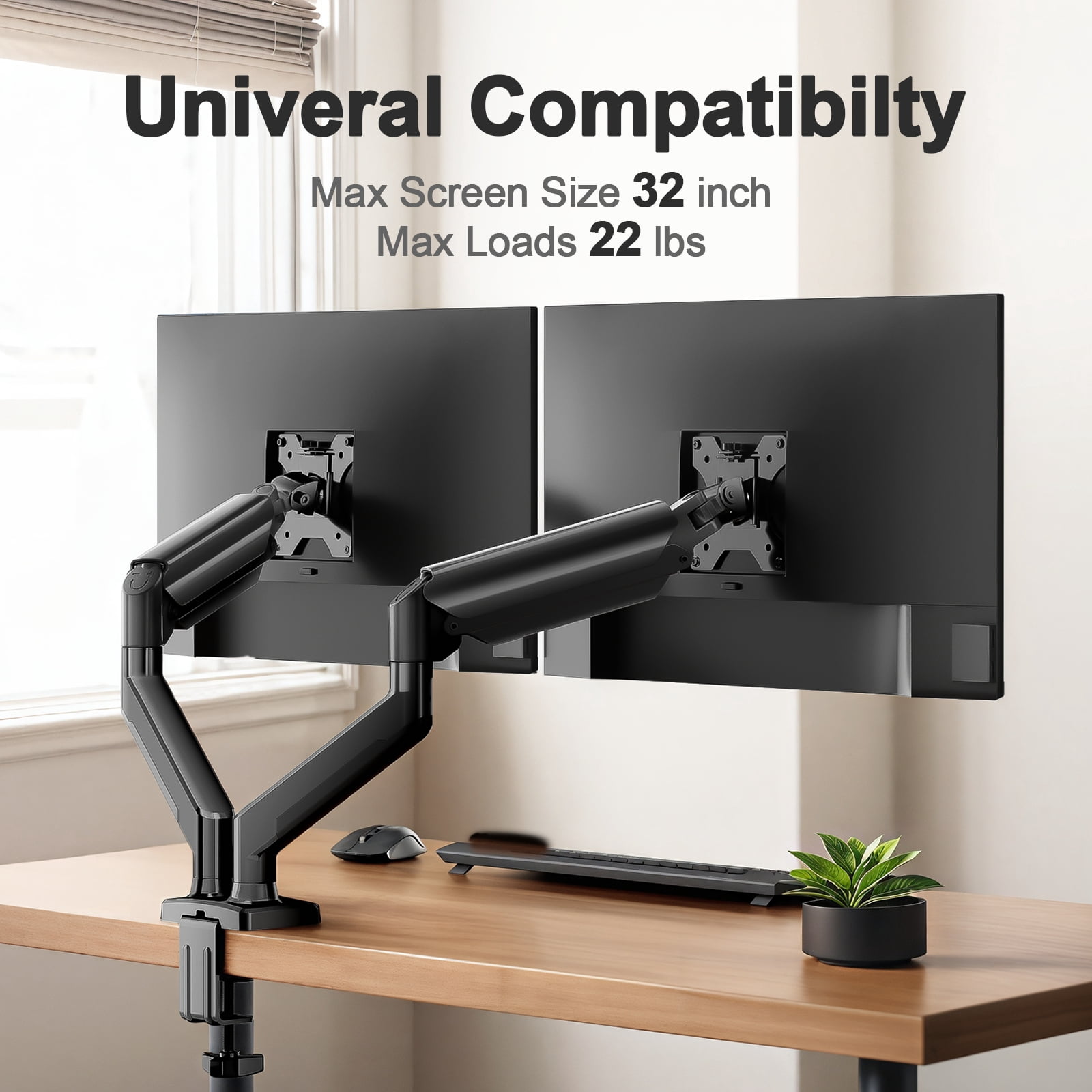 MountFTV Dual Monitor Mount Stand, Heavy Duty Adjustable Desk Arm for 13-32 inch Screens (Black, 22 lb) 9bz8x