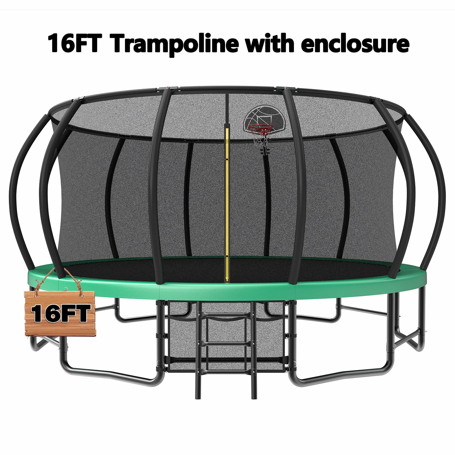 Leumius 16 ft Recreational Trampoline with Safety Enclosure, Ladder, and Basketball Hoop (Green, 16 ft) 6yack