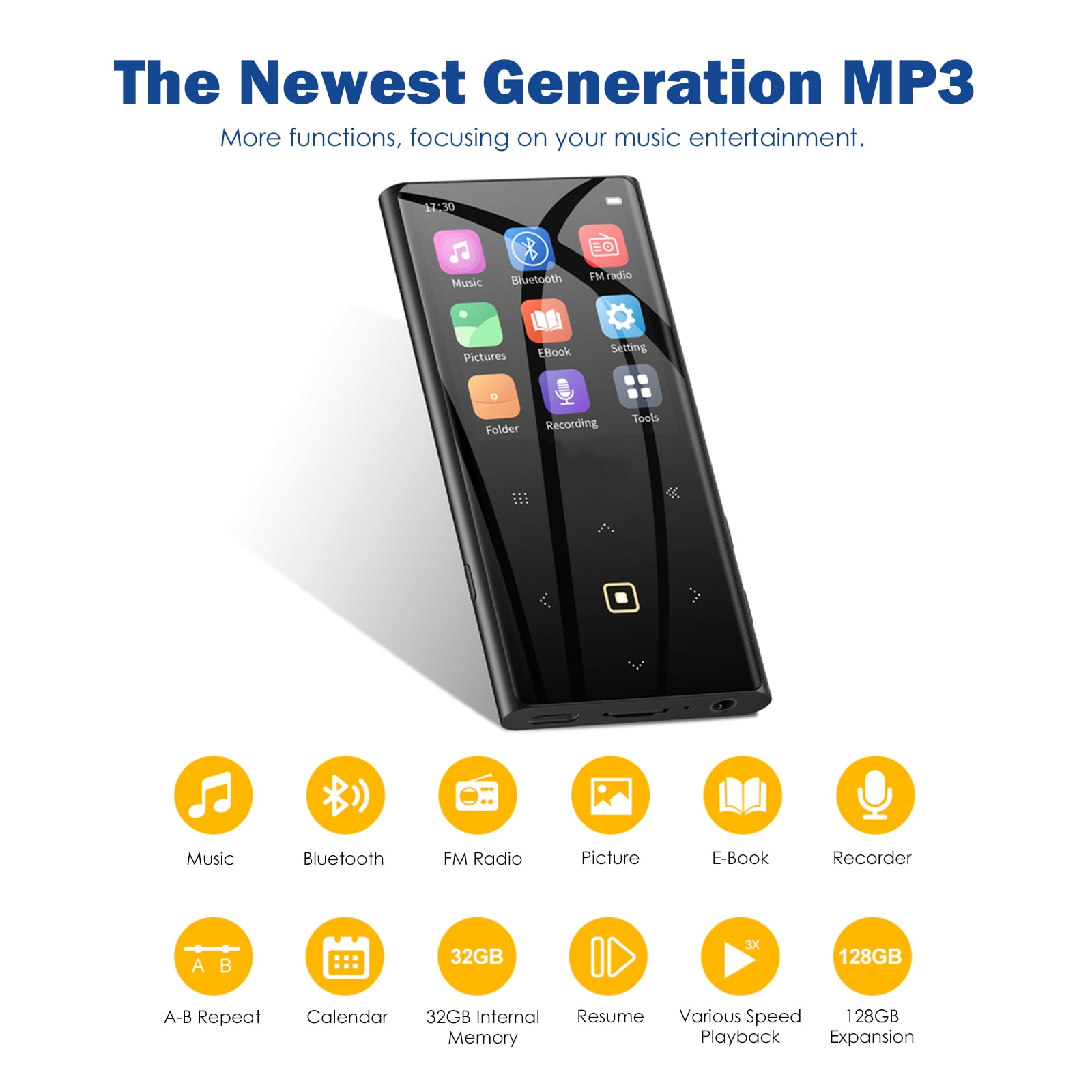 OAZOUF 32GB MP3 Player with Bluetooth 5.0, Portable Digital Music Player with 2.4 in Color Screen, FM Radio, Voice Recorder (Black, 32GB) p1afd