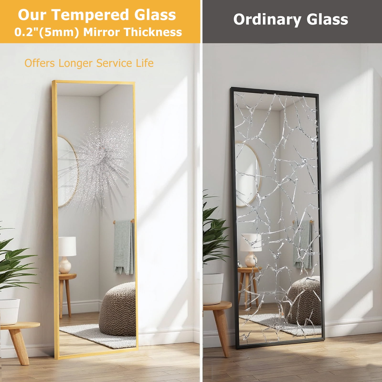 Blorly Full Length Mirror, Arched-Top Floor Mirror with Stand, Freestanding or Wall Mounted Full Body Mirror (Gold, 59 in x 16 in) zqz2q