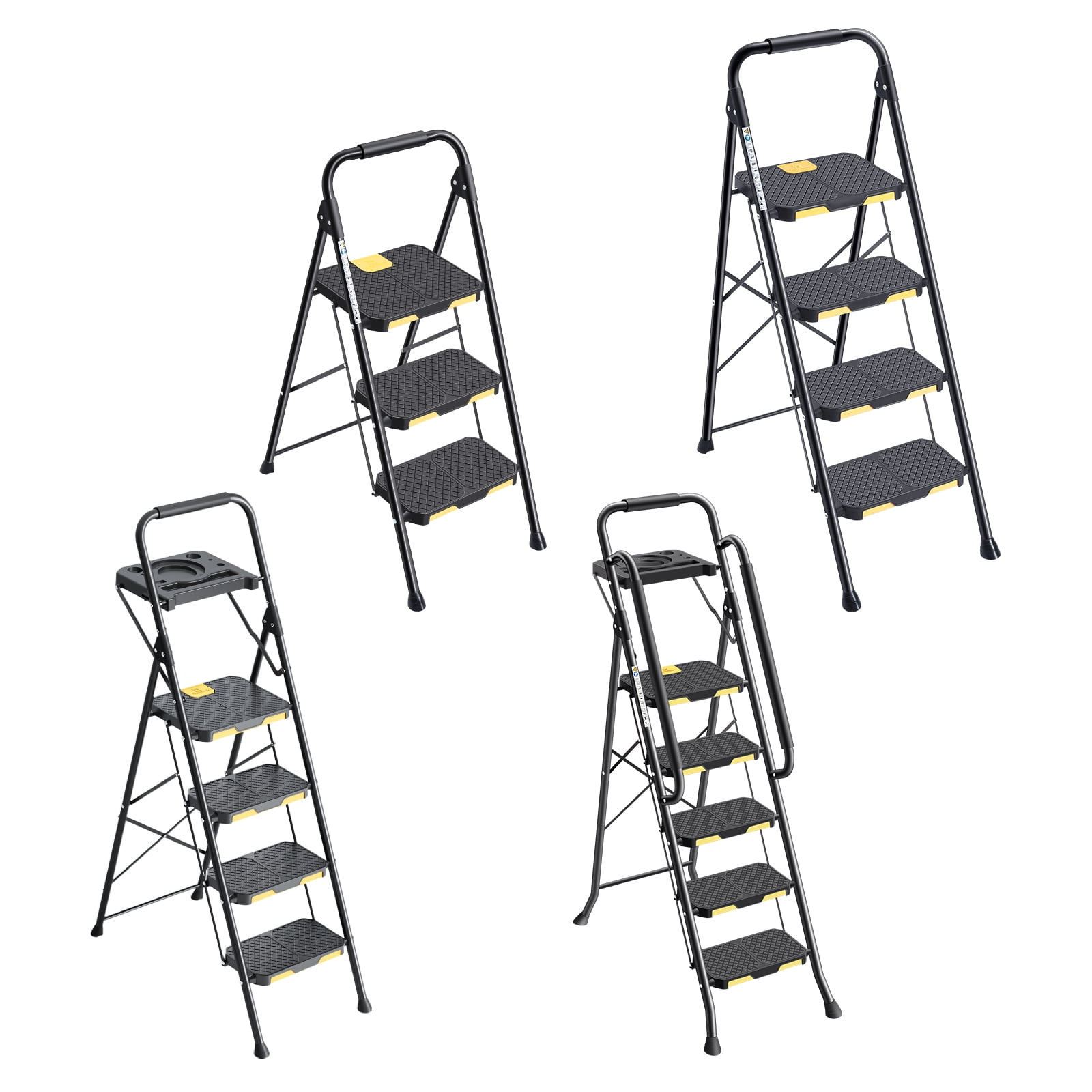 KINGRACK 5 Step Folding Ladder, Heavy-Duty Steel Step Stool with Tool Tray and Anti-Slip Pedals (Black, 800 lb Capacity) mvhq5