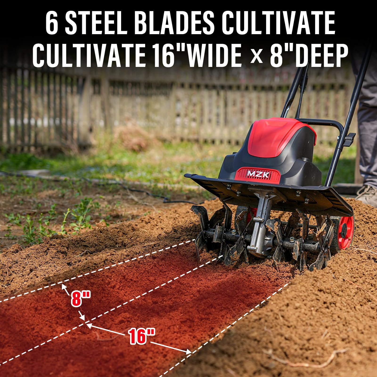MZK 13-Amp Electric Tiller and Cultivator, 16-in Cutting Width, 8-in Tilling Depth with Adjustable Wheels (16-in) kse7p