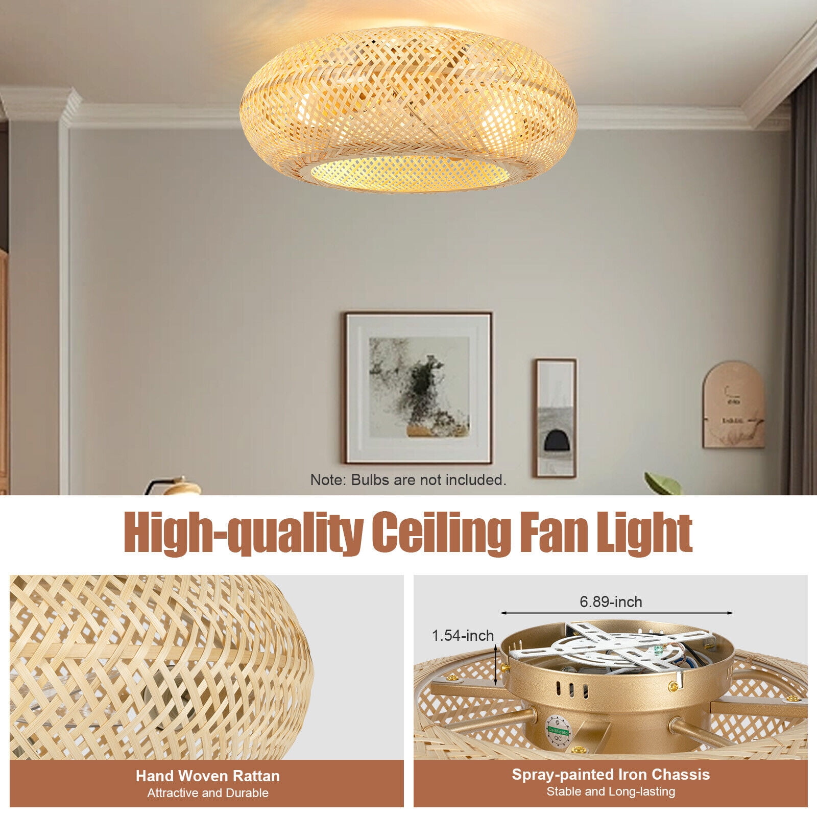Generic Bamboo Ceiling Fan Farmhouse Boho Rattan Woven Light with Remote Control (Natural, 20 in) 023ca