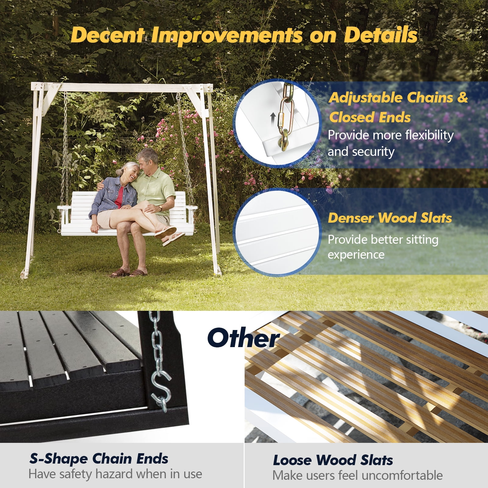 Zimtown Wooden Porch Swing Bench, Heavy-Duty Outdoor Hanging Chair with Chains (White, 5 ft) bi4zv