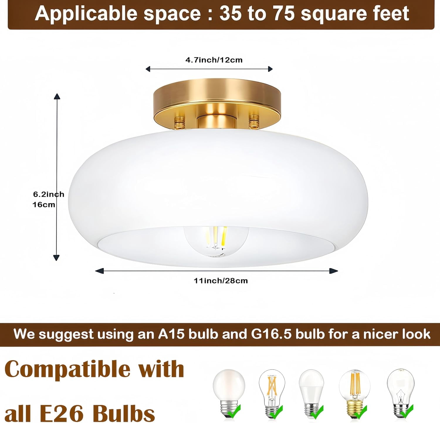 Jolydoly Mid-Century Modern Semi Flush Mount Ceiling Light, Gold Fixture with White Milk Glass Shade (11 in) mpivc