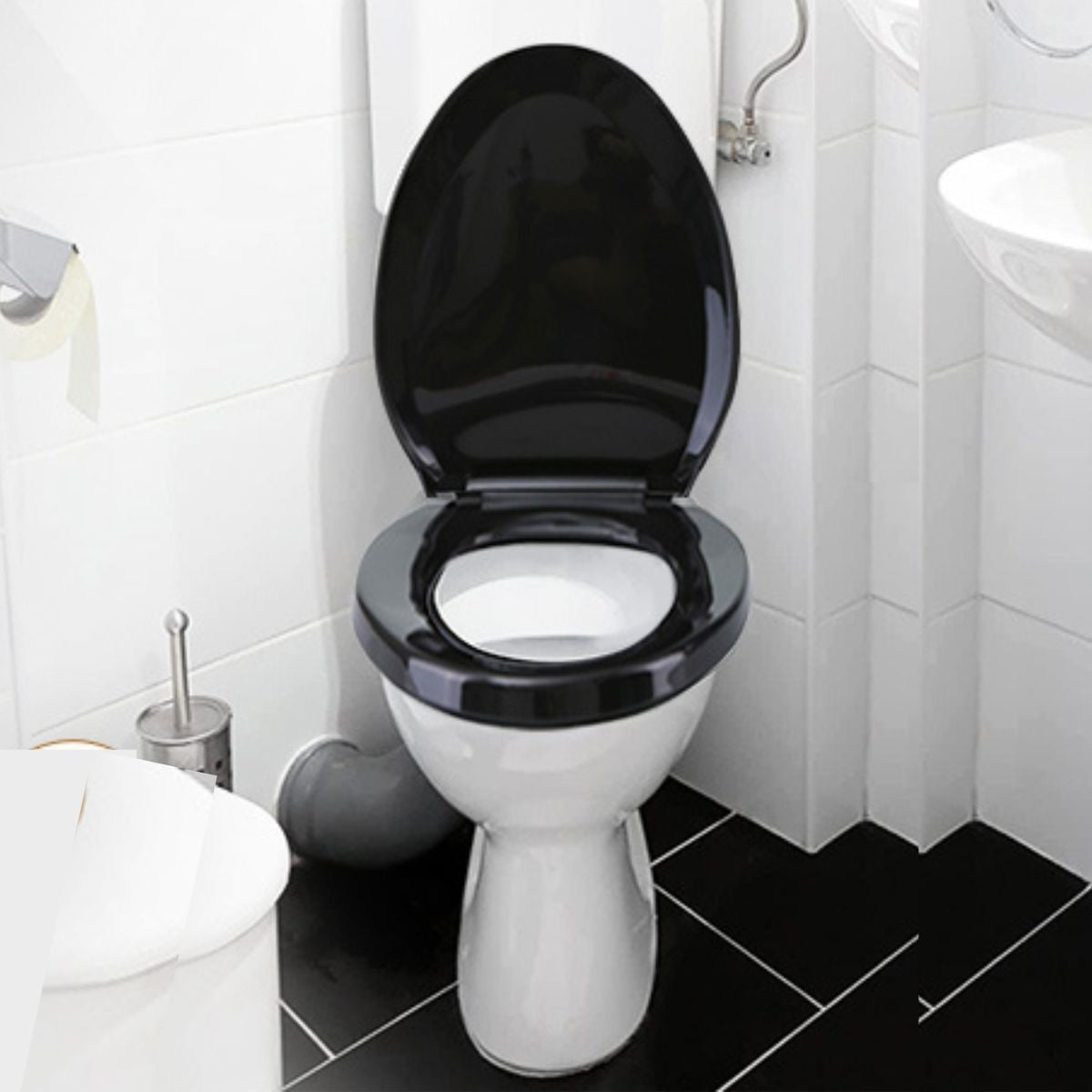 Renovator's Supply Elongated Toilet Seat (Black, 19.25 in) Slow Close Soft Close Plastic Lid with Adjustable Hinges khdga