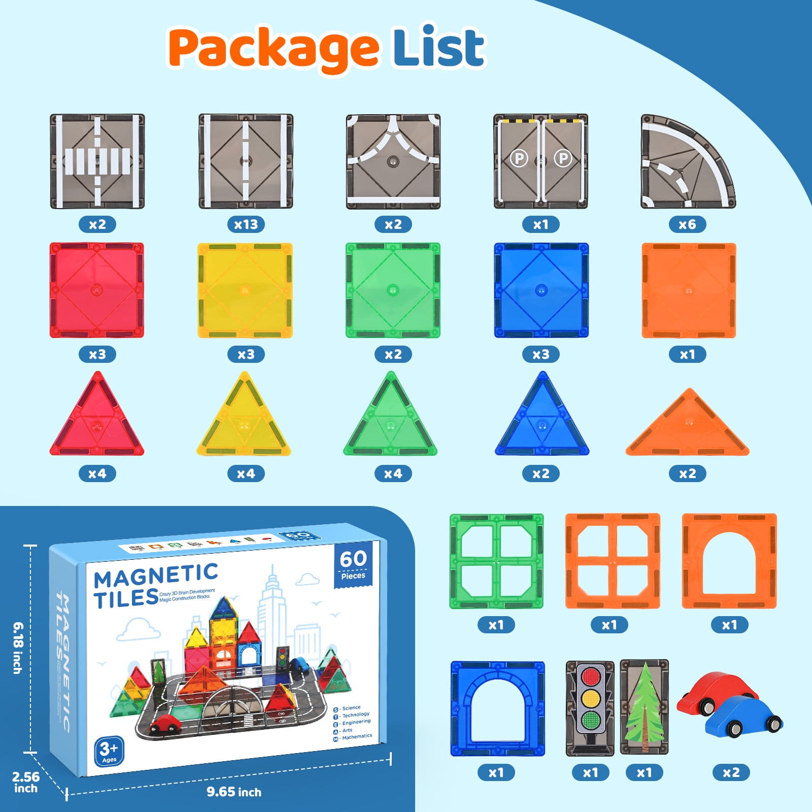 FunMagic Magnetic Tiles Road Set, STEM Building Blocks with 2 Cars, Creative City Construction Toy (Black, 60 Pieces) l1m5x