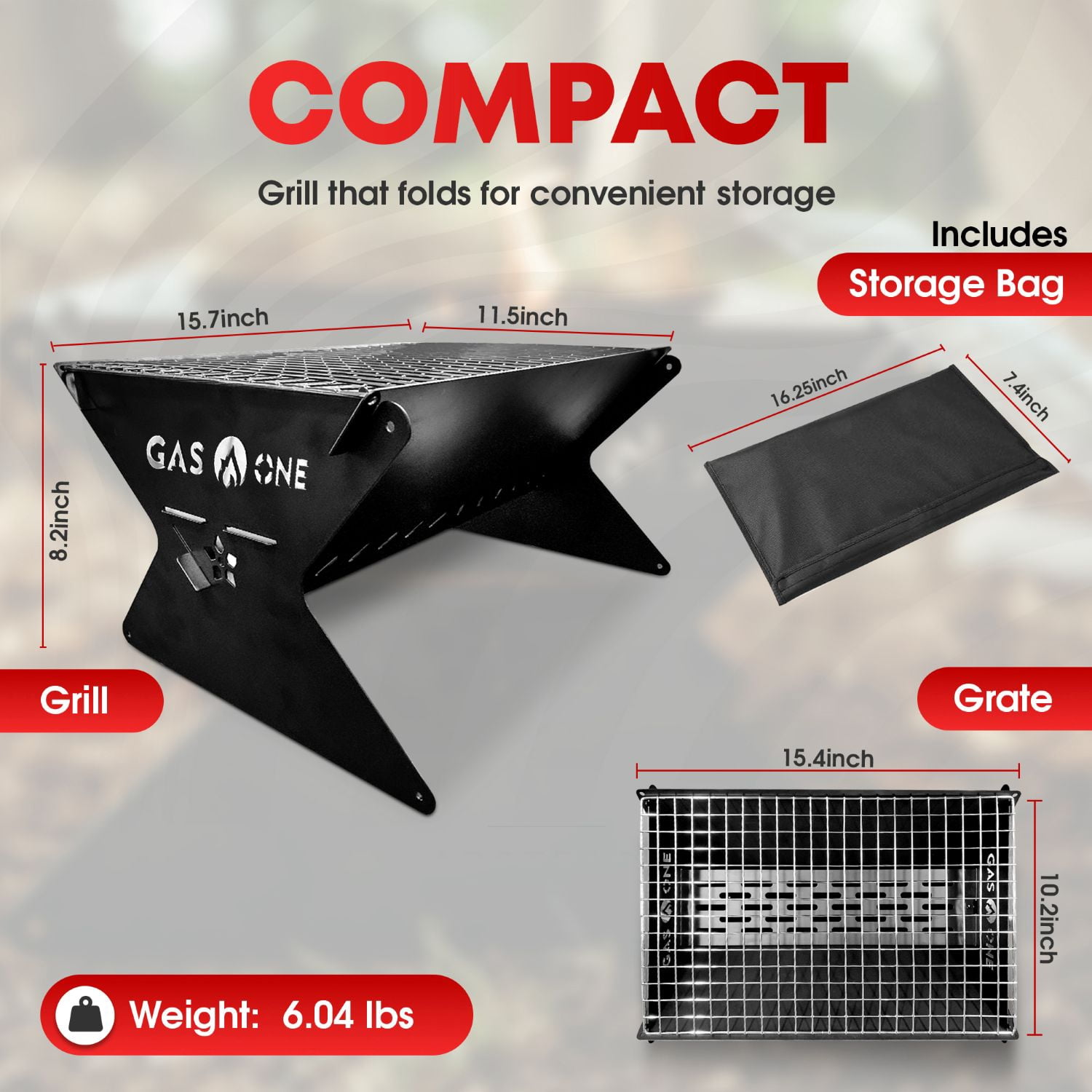 Gas One Portable Charcoal Grill, Foldable BBQ Grill for Camping and Backyard (15 in) ze38s