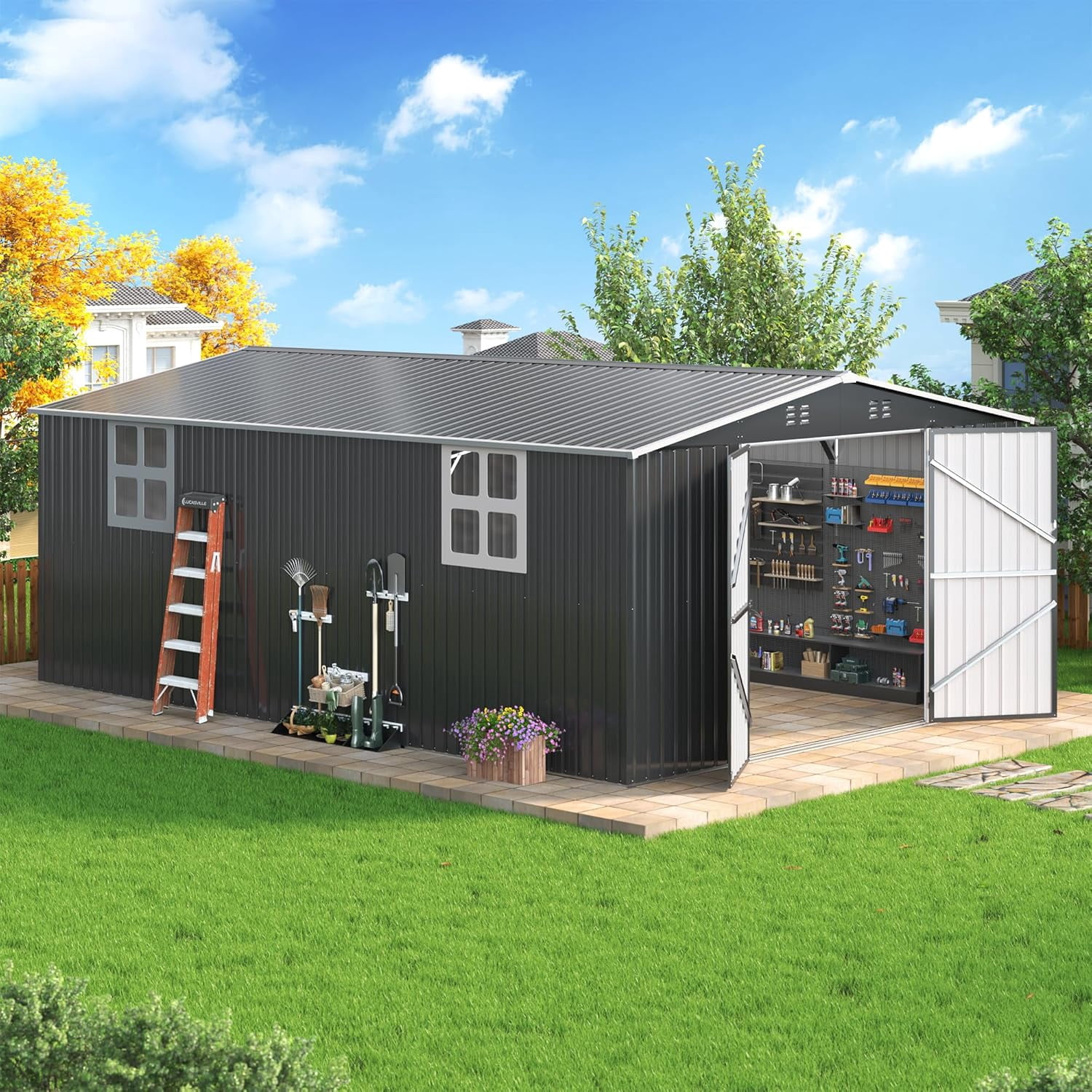 NETAJE Outdoor Metal Storage Garden Shed, Heavy-Duty Backyard Tool Organizer with Lockable Doors and Windows (Black, 12 ft x 18 ft) hcax7