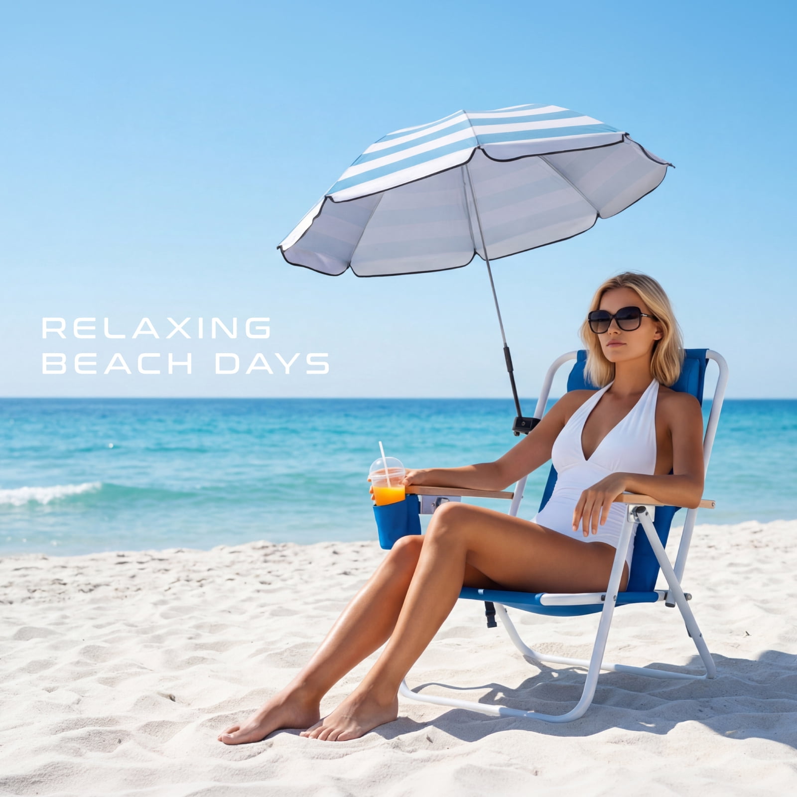 Vebreda Folding Beach Chair with Adjustable Umbrella, Heavy Duty Camping Seat (Blue, 32.3 in x 23 in x 27.6 in) w03in