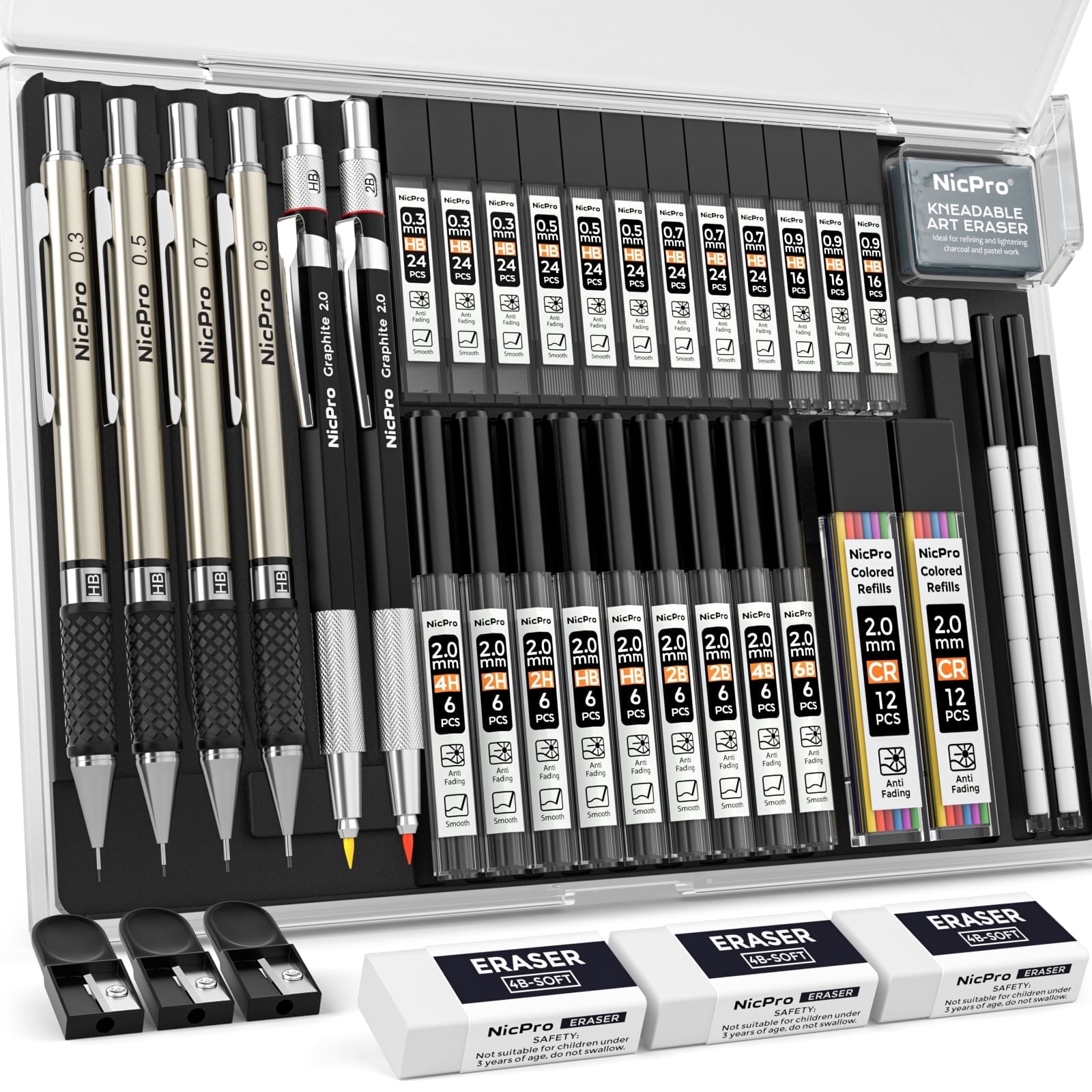 NicPro Mechanical Pencil Drafting Set with Lead Refills and Erasers (6-Piece Set) 7wyfv