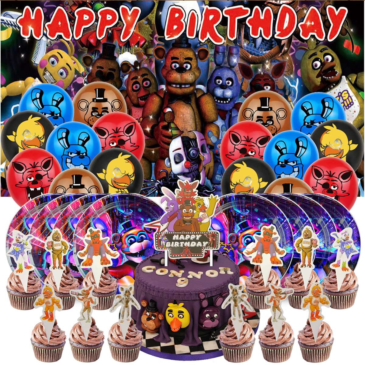 Jiaweribo Five Nights at Freddy's Birthday Party Supplies Set with Backdrop and Tableware (Multi-color, 1 Set) u0u91