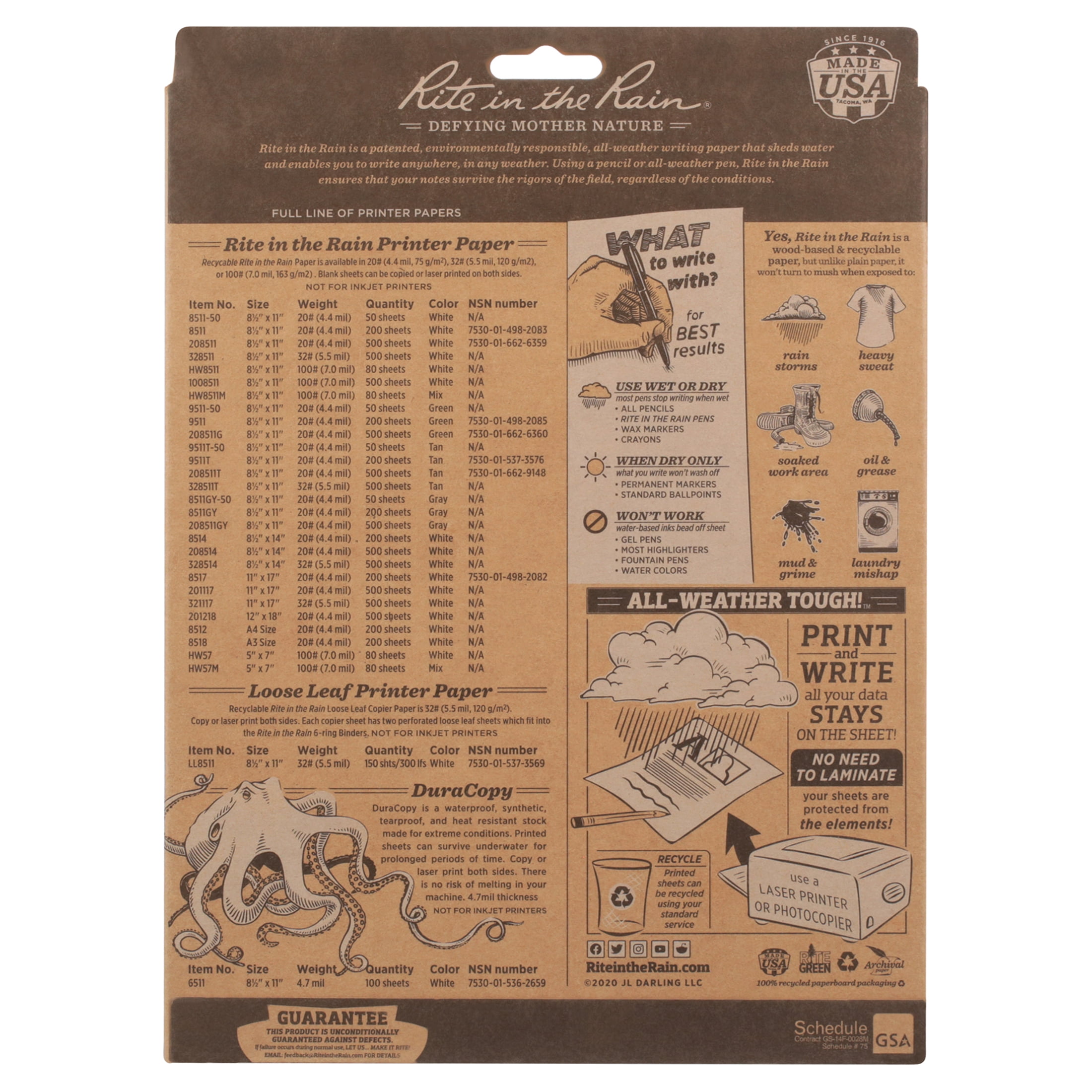 Rite in the Rain Weatherproof Copier Paper (White, 8.5 in x 11 in, 200 Sheet Pack) 3cj9s