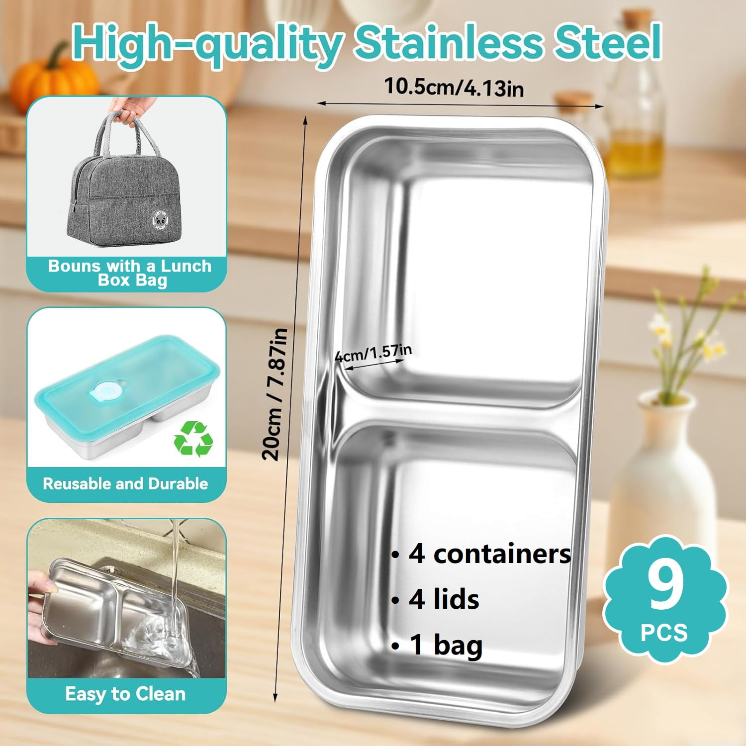 Taimasi Stainless Steel Snack Containers Set with Lids and Lunch Bag (Blue, 9 Piece Set) v8rl5