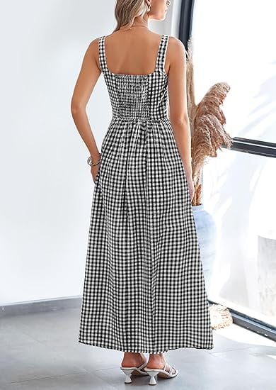 PRETTYGARDEN Women's Summer Spaghetti Strap Maxi Dress Plaid Square Neck A-Line Casual Beach Sundress (Black, XL) 7gk0j