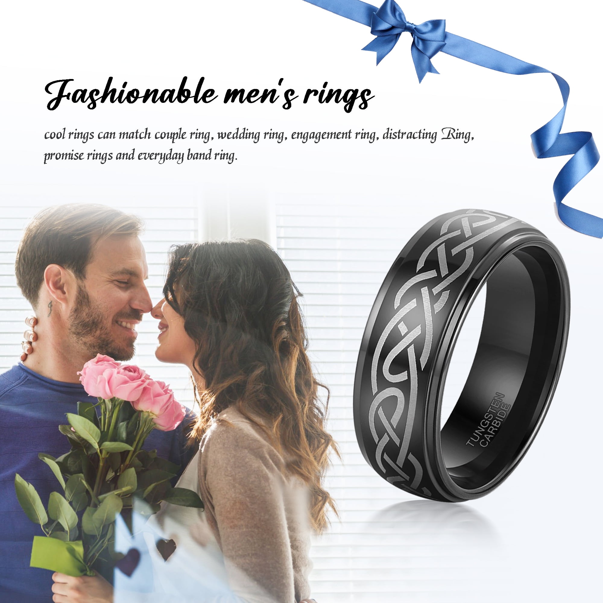 Jewmon Tungsten Carbide Ring for Men Celtic Knot Pattern Comfort Fit Wedding Band (Black, 8mm) 93vhi