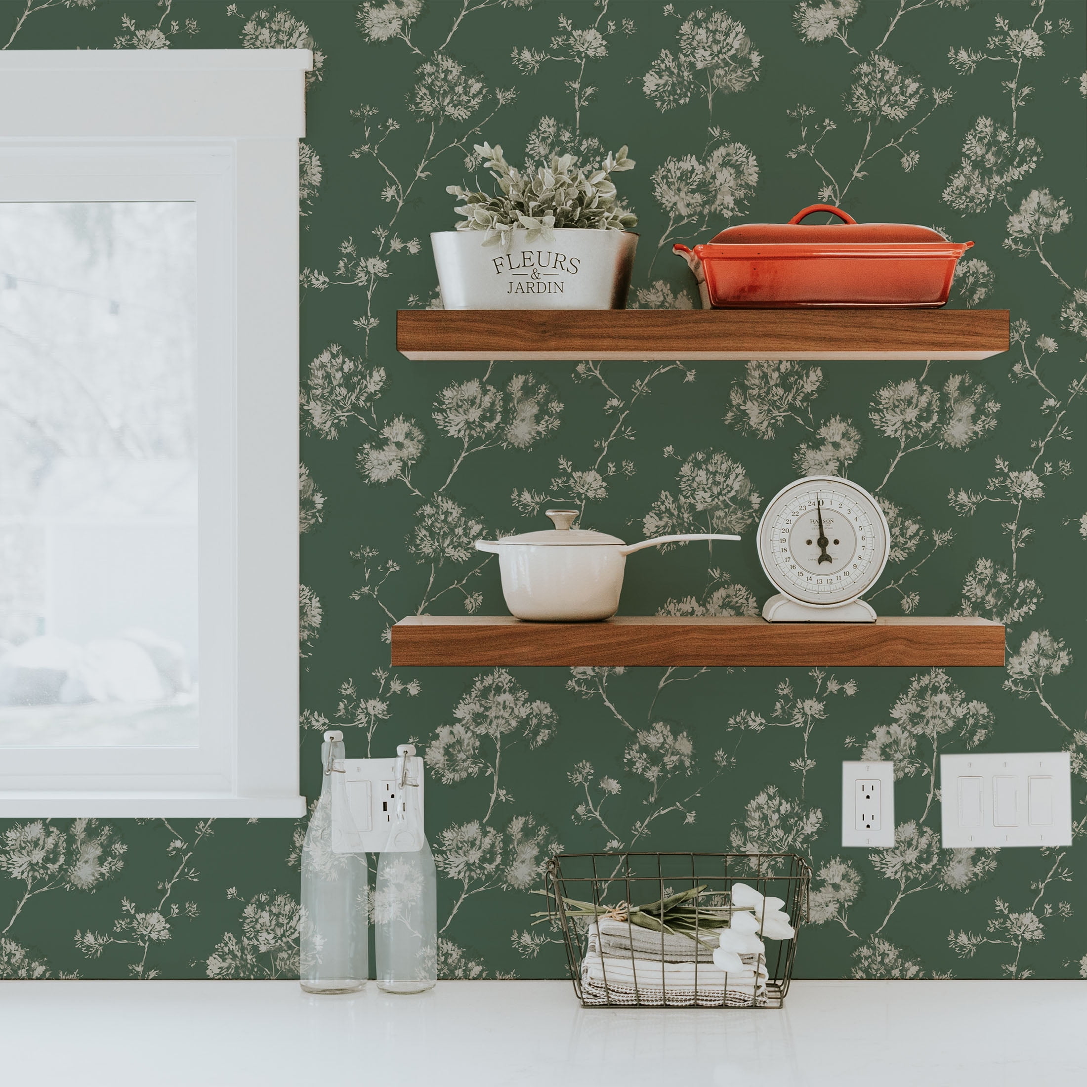 Mainstays Sage Green Bleached Floral Peel and Stick Wallpaper (Sage Green, 13.35 sq. ft.) iok6b