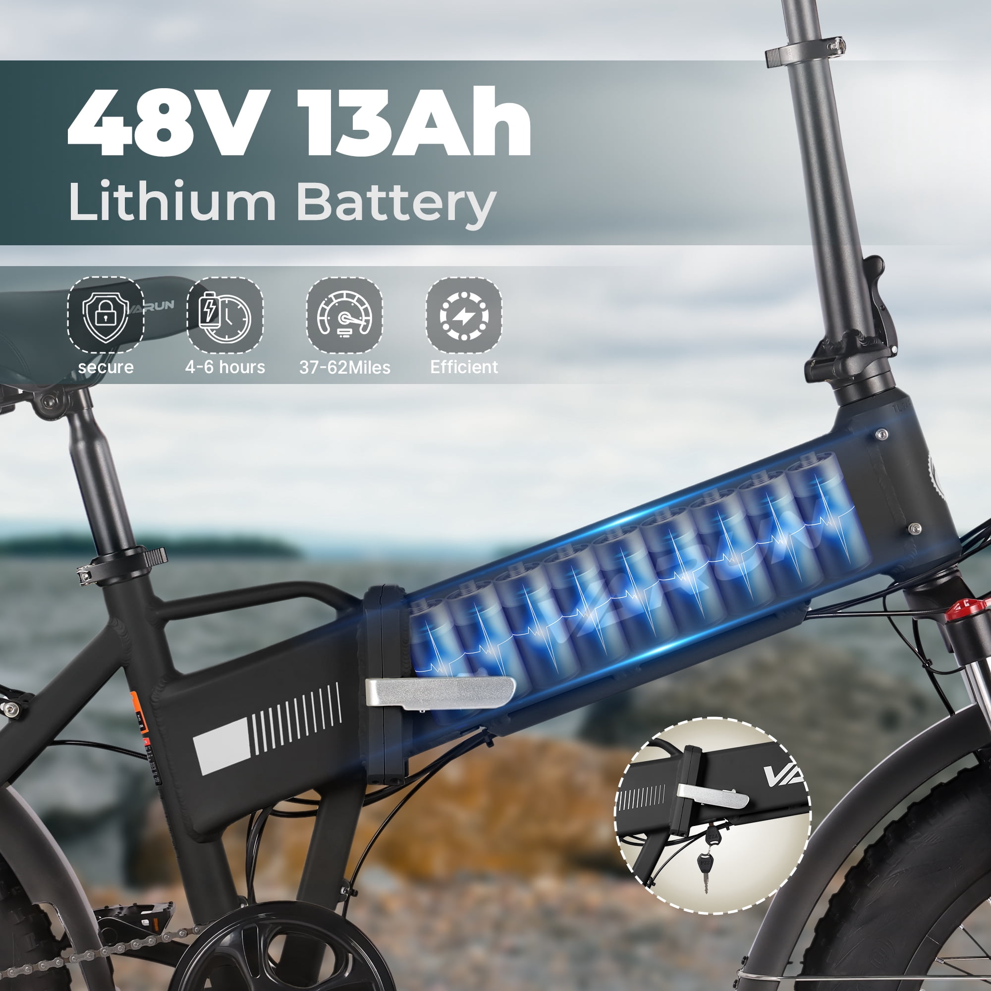 VARUN 20 in Folding Electric Bike for Adults, Fat Tire E-Bike with 750W Motor and 62 Mile Range (Black, 20 in) rg2fg