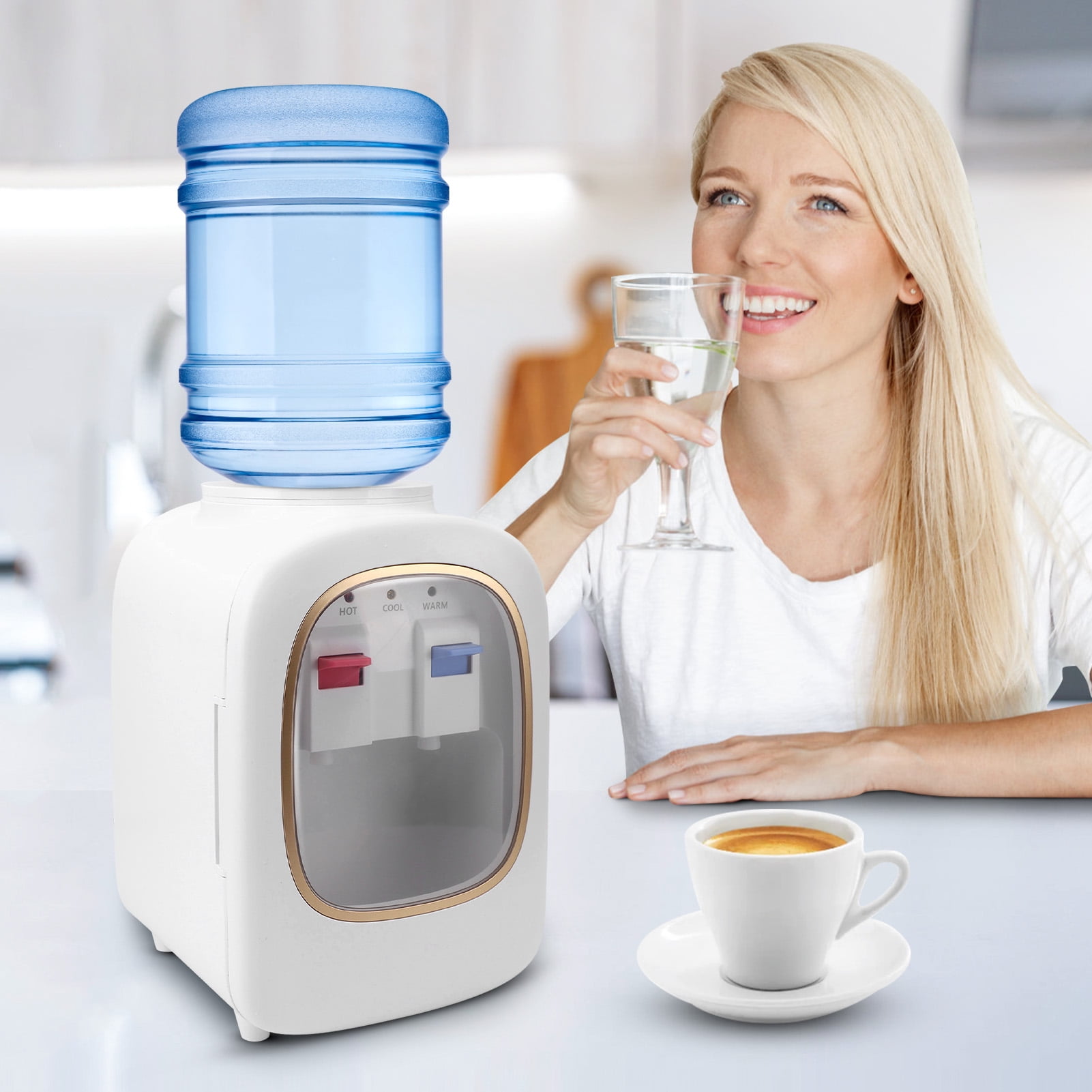Fyydes Countertop Water Cooler Dispenser, 3-Temperature Settings, Top Loading for 3 & 5 Gallon Jugs (White) nqigm
