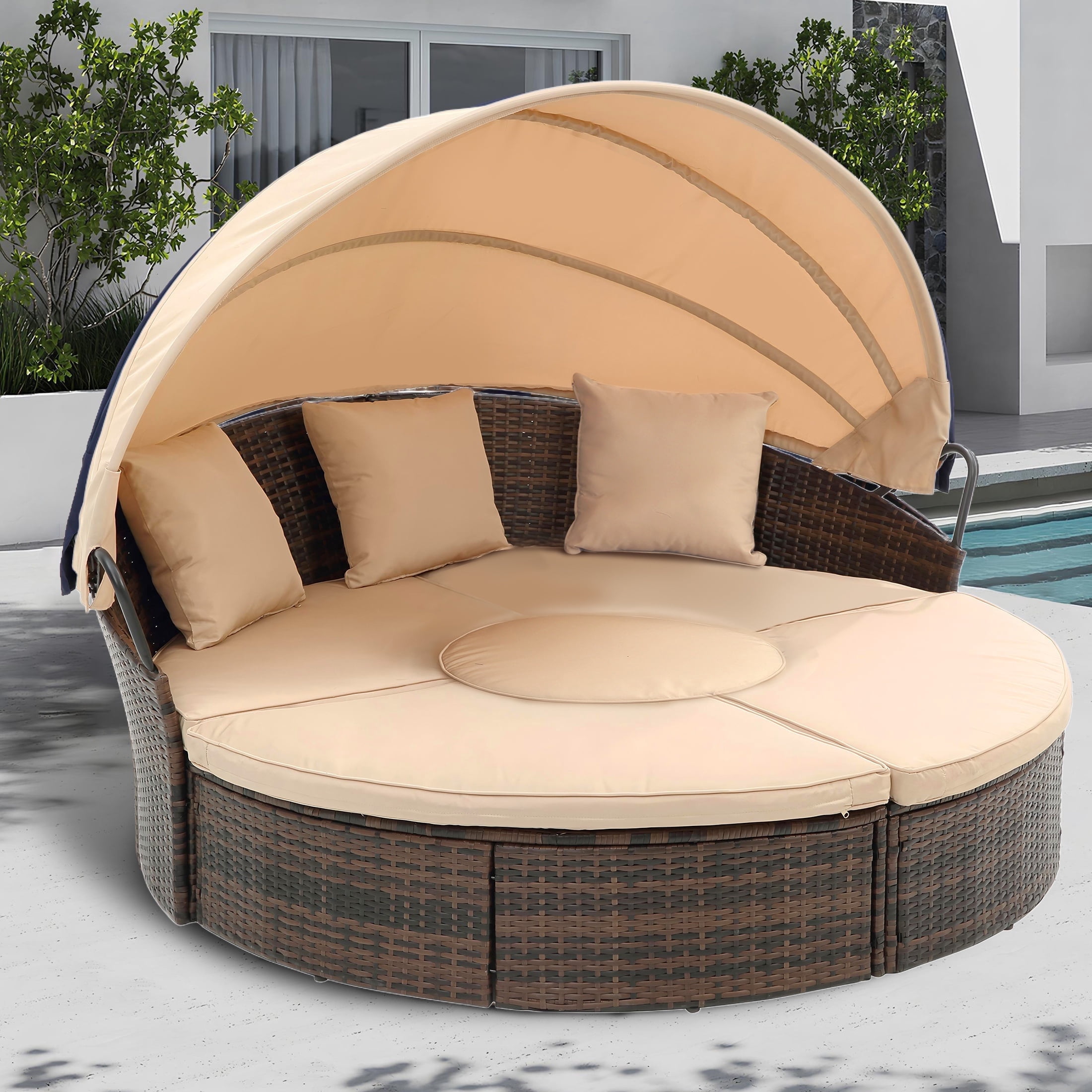 Seizeen 4-Piece Outdoor Patio Daybed with Retractable Canopy, Rattan Wicker Sectional Conversation Set with Lifting Ottoman Table (Khaki, 4-Piece) rnj6u