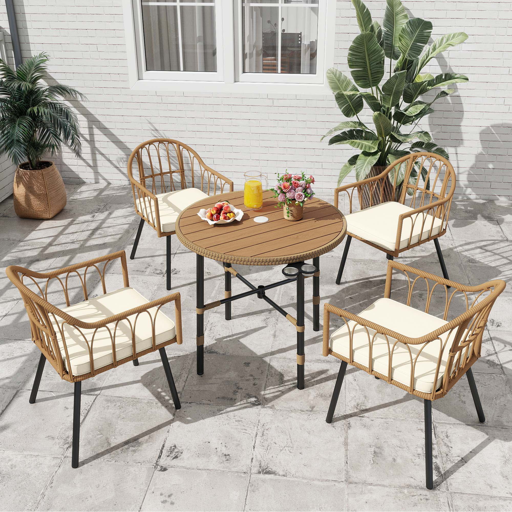 Uforic 5-Piece Outdoor Patio Dining Set, Rattan Wicker Chairs and Round Table with Umbrella Hole (Beige, 5-Piece Set) w85un
