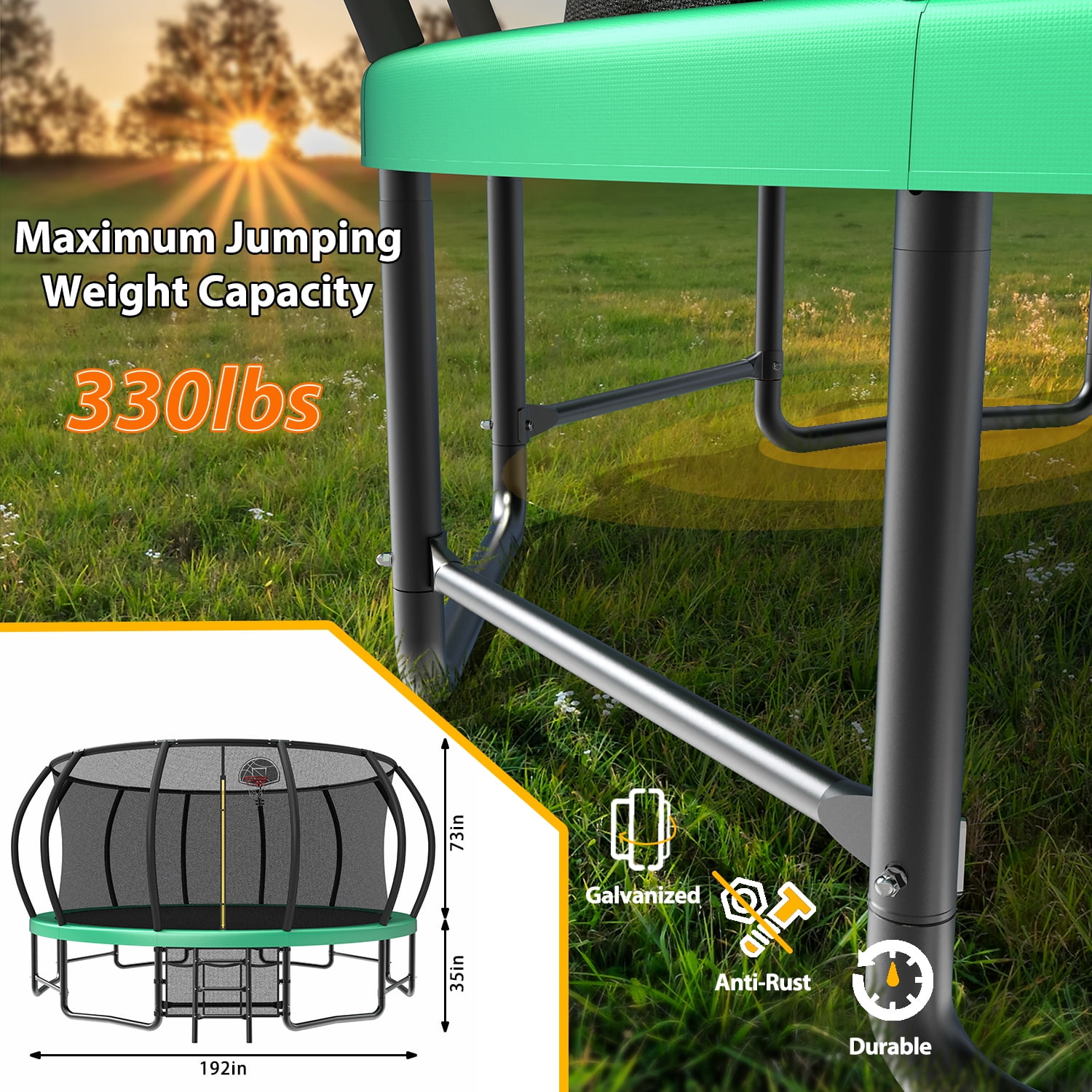 Leumius 16 ft Recreational Trampoline with Safety Enclosure, Ladder, and Basketball Hoop (Green, 16 ft) 6yack